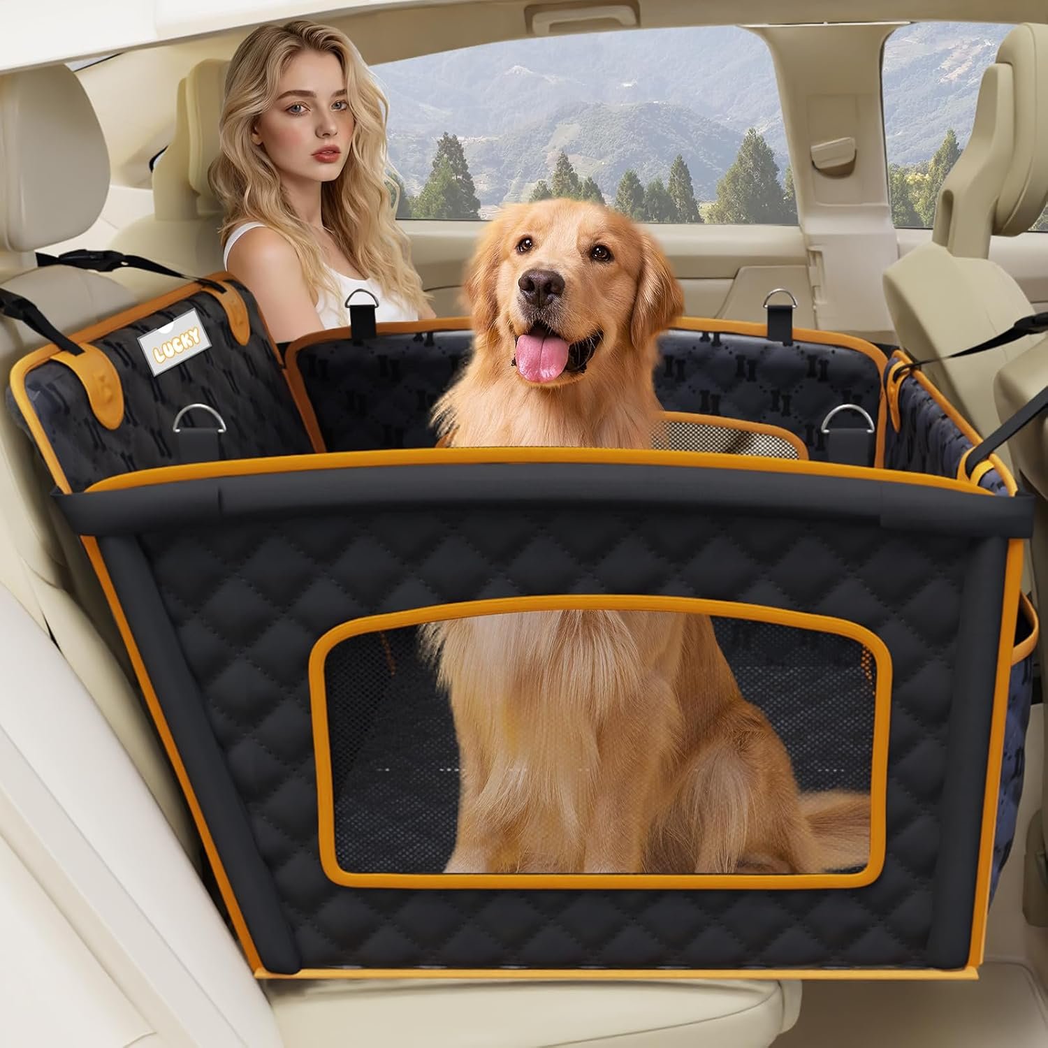 Dog Car Seat for Large Dog with Sturdy Fiberglass Support,Dogs Cars Carrier Anti Slip and Waterproof,Pet Car Seat Extender with Hard Bottom&Personalized Signature for Cars/SUV/Trucks