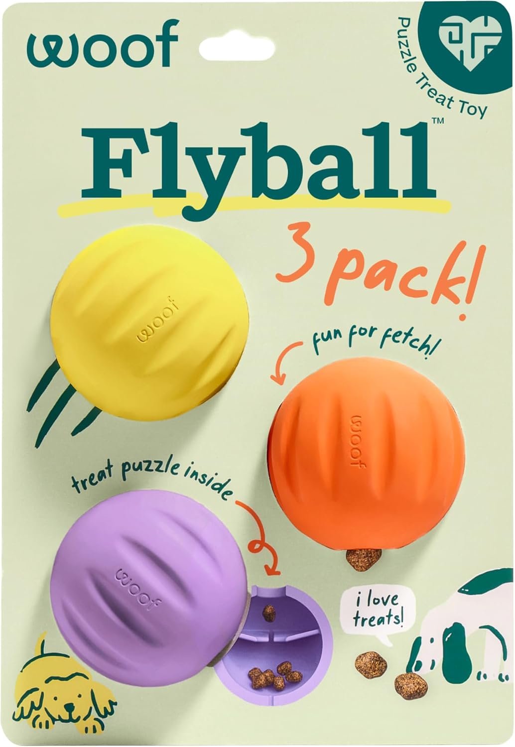 WOOF Flyball – 2-in-1 Fetch Ball and Dog Treat Dispenser Toy – Interactive Puzzle for Enrichment – Fits Standard Ball Launchers – Durable, Tooth-Friendly Rubber – The Perfect Dog Gift – 3 Pack
