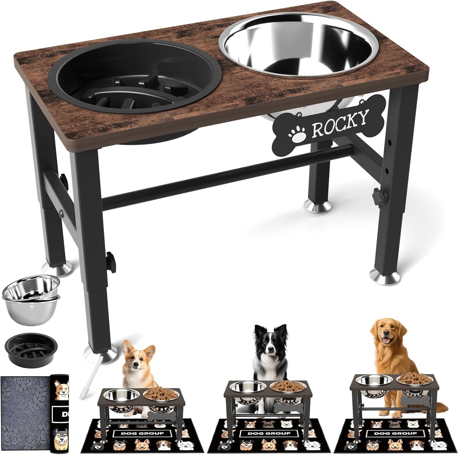 SHAINFUN Elevated Dog Bowls with Slow Feeder & Mat for Medium and Large Dogs, 12″ Tall Adjustable Wooden & Metal Raised Dog Bowl Stand, 2 Stainless Steel 58oz Bowls for Food & Water