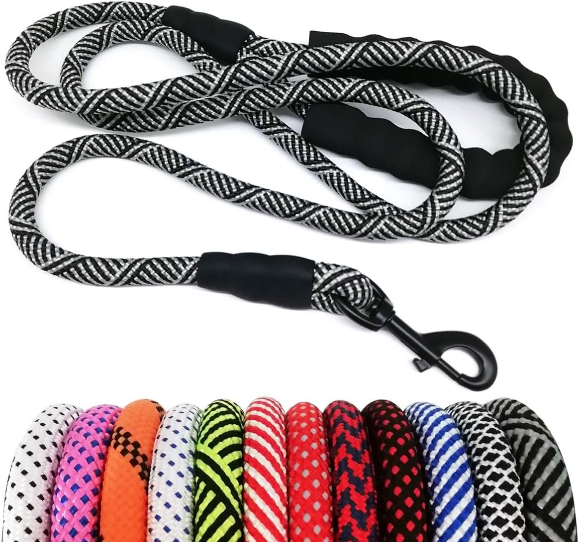 MayPaw Heavy Duty Rope Dog Leash, 3/4/6/7/8/10/12/15/20/30 FT Nylon Pet Leash, Soft Padded Handle Thick Lead Leashes for Large Medium Dogs (Black, 1/2″ * 6′)