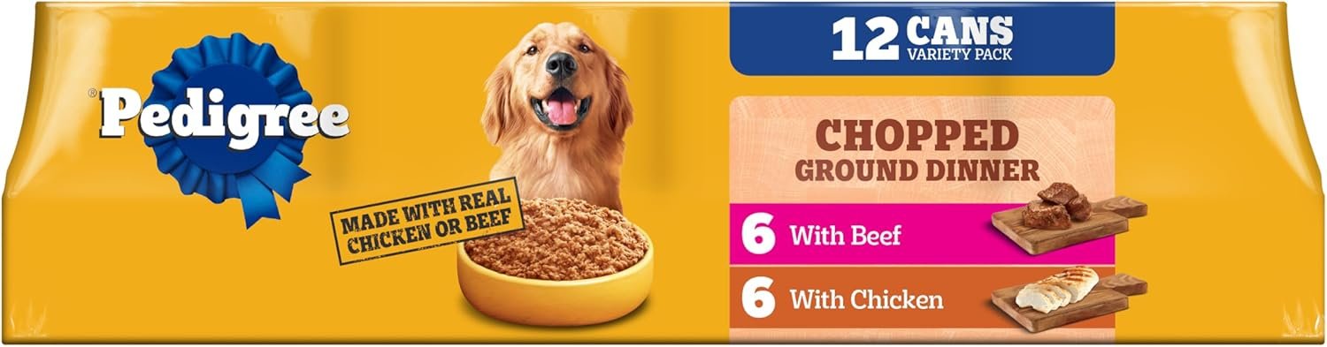 Pedigree Chopped Ground Dinner Wet Dog Food Chicken & Beef Variety Pack, Canned Dog Food, 13.2 oz. Cans (12 Count, Pack of 1)