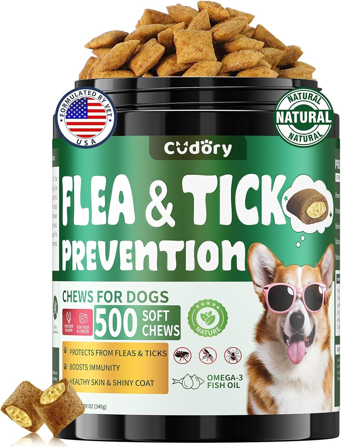 Flea and Tick Prevention for Dogs Chews- 500 Crunchy & Creamy Chews, Dogs Flea Chewables with Skin & Coat Support – Oral Supplement for All Breeds & Ages – Chicken & Cheese Flavor