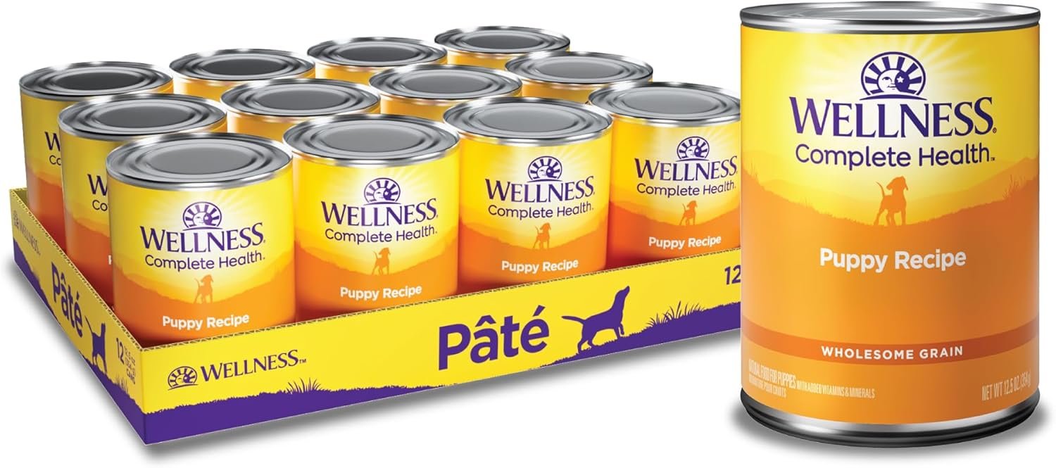 Wellness Complete Health Pate Puppy Canned Wet Dog Food, Wholesome Grains, Natural, Chicken and Salmon Recipe, 12.5 oz, Pack of 12 Cans