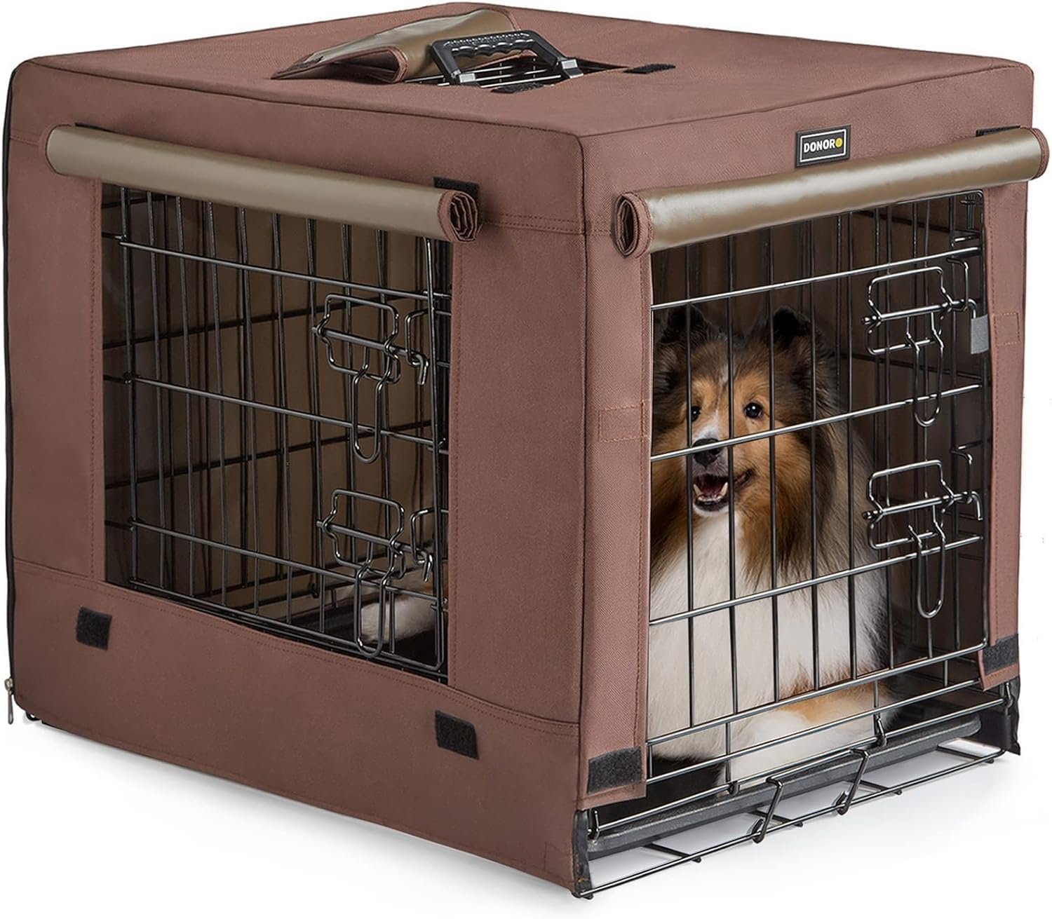 DONORO Dog Crates for Small Medium Size Dogs Indoor Double Door Dog Kennels & Houses for Puppy and Cats, Collapsible Metal Contour Dog Cages (Brown, 30.0″ L x 19.0″ W x 21.0″ H)