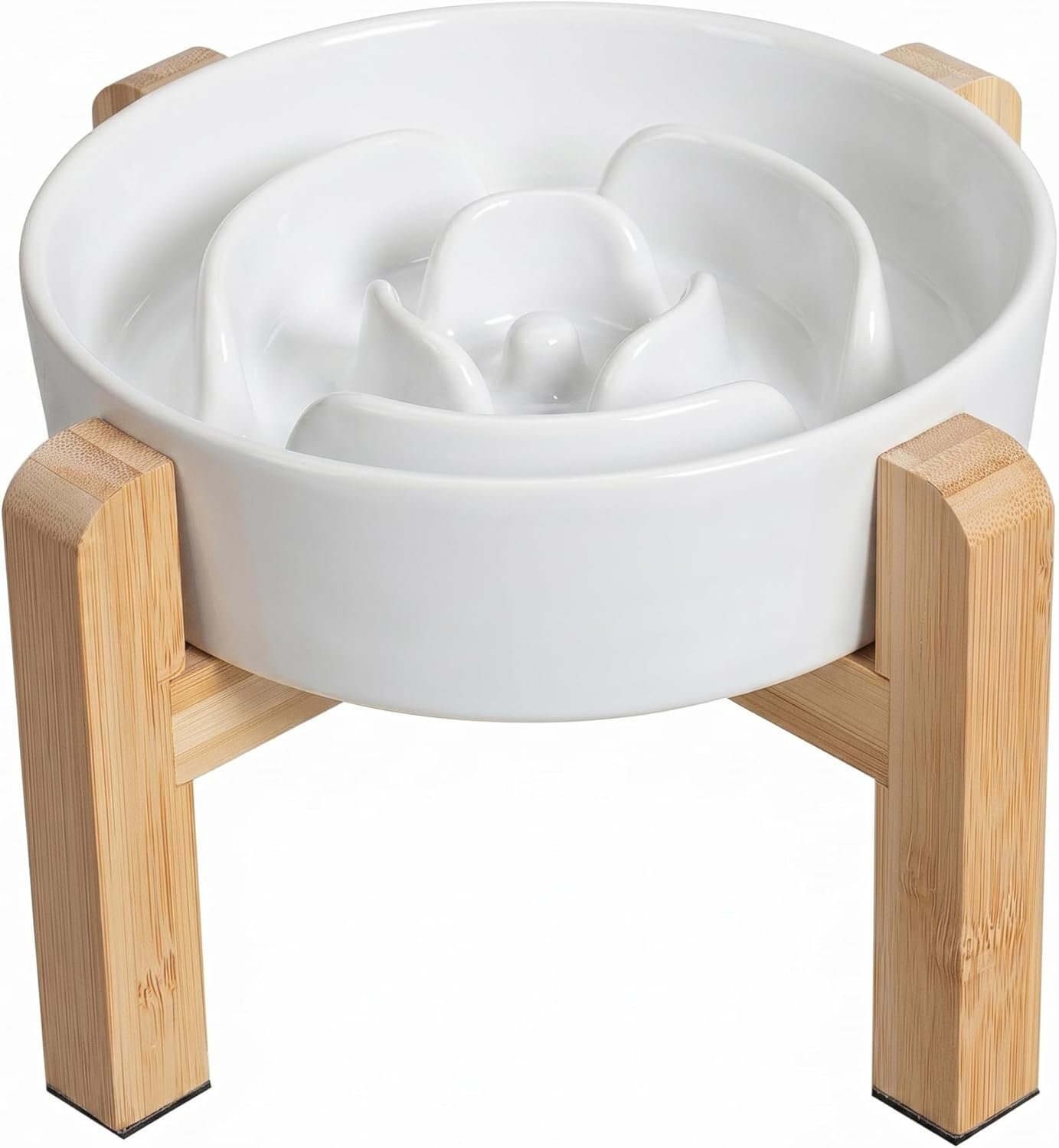 Elevated Slow Feeder Dog Bowl – Ceramic Maze Food Dish with Bamboo Stand – Raised Feeding Bowl for Fast Eaters – Ideal for Small and Medium Dogs – White – 6.7 inch
