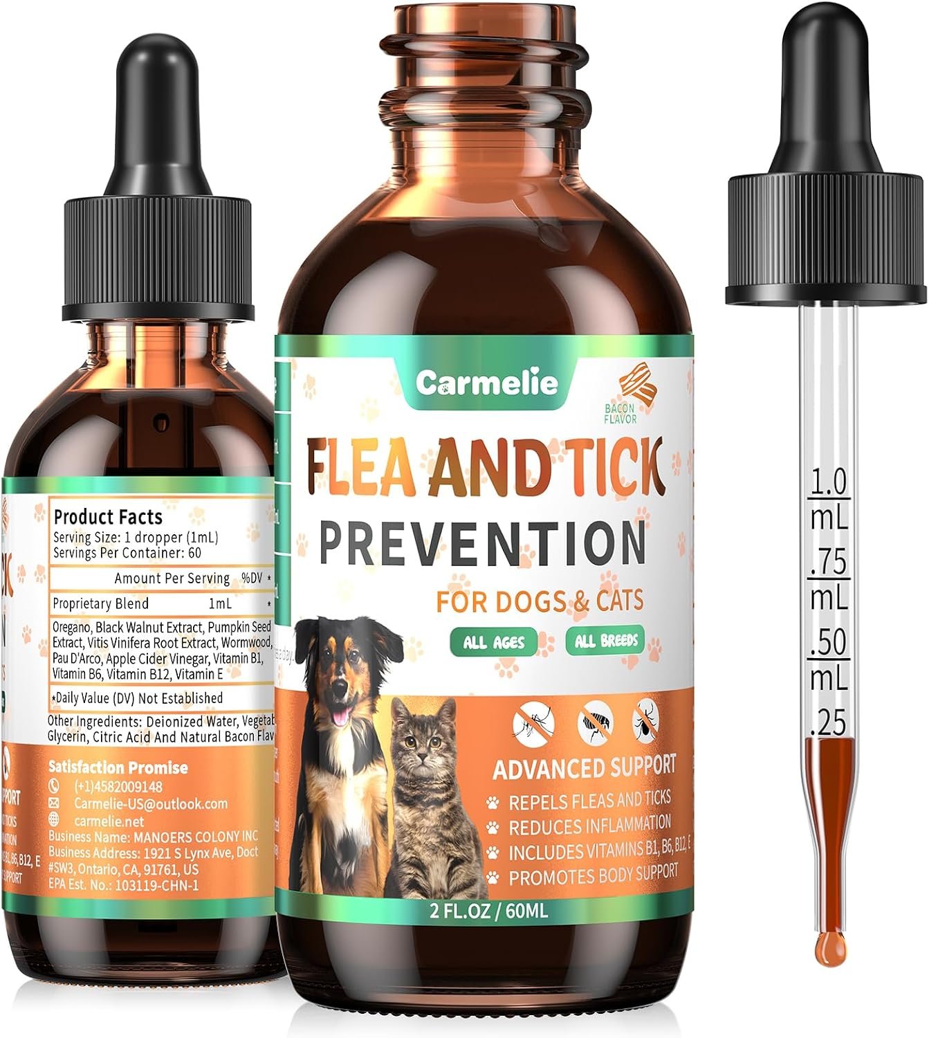 Oral Flea and Tick Support for Dogs and Cats, Natural Dog Flea and Tick Defense, Cat Flea Drops Supplements with Vitamin for Pets – All Breeds and Ages – Bacon