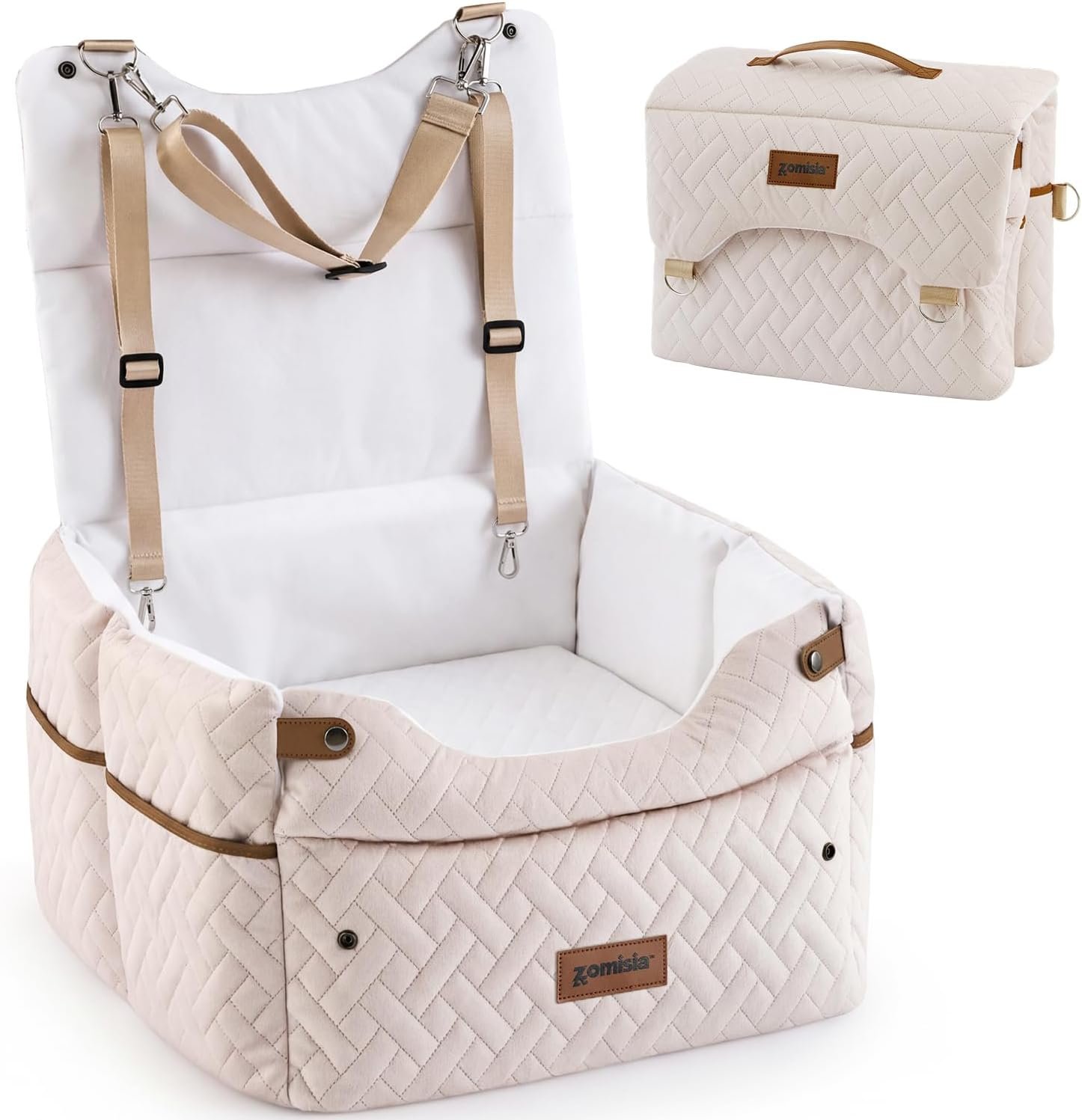 ZOMISIA Elevated Dog Car Seat for Medium Dogs, 3 Adjustable Heights with 2 Egg Crate Foam Boosters 4″+2″, Dual-Sided Cooling&Plush Waterproof Cover, 2 Safety Leashes & Buckles, Beige