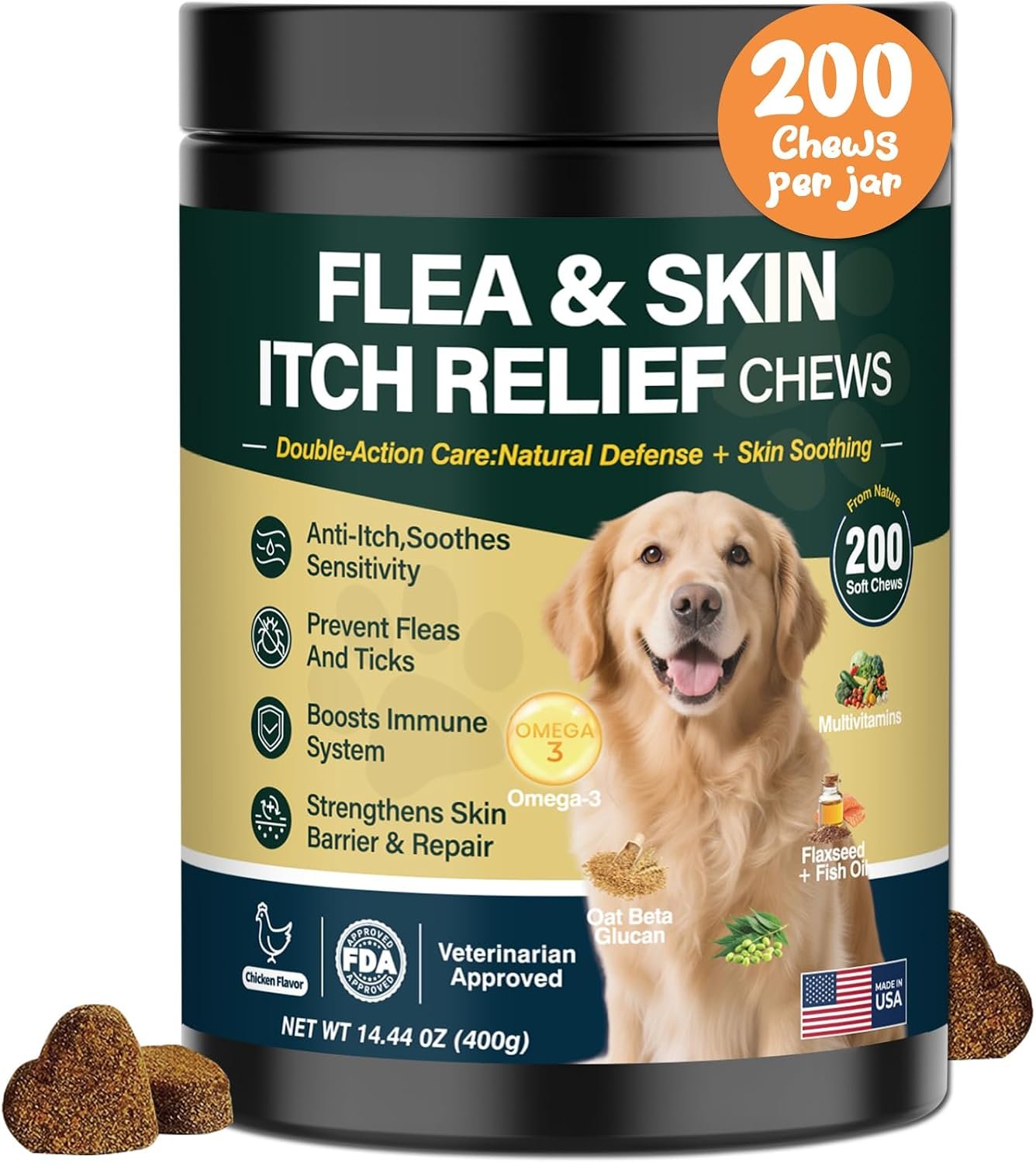 Dog Flea and Tick Prevention Allergy Chews – Omega 3 Skin and Coat Supplement,Immune Support,Natural Yeast,Itching & Licking Relief Treatment Chewable,Bites,Chews for Dogs Itching-200 Count