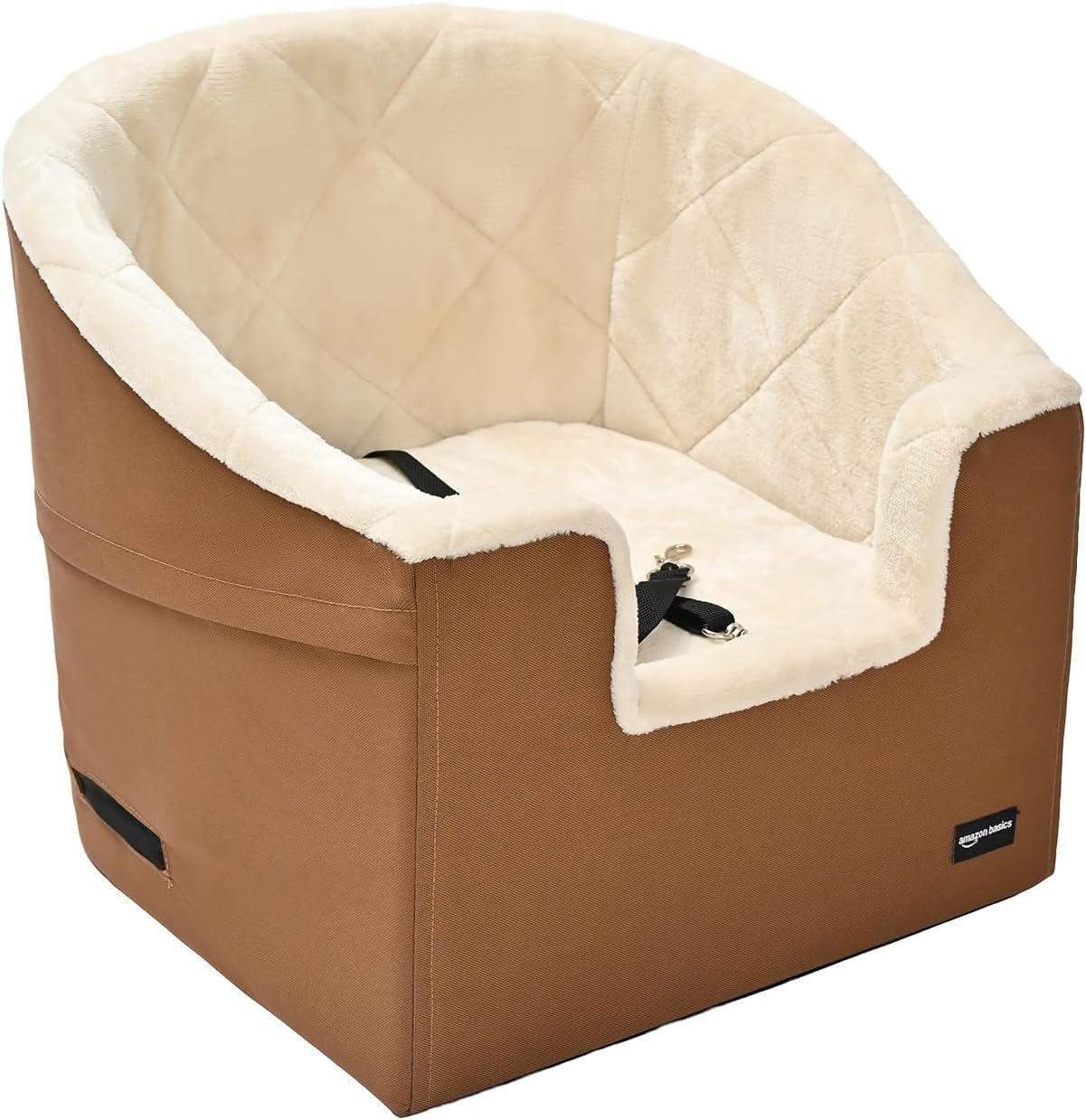 Amazon Basics Dog Car Seat Booster for Small Dogs up to 25lbs, Washable Removable Cover, Safety Leash, Elevated View for Window, 18″ x 18″ x 16″, Tan