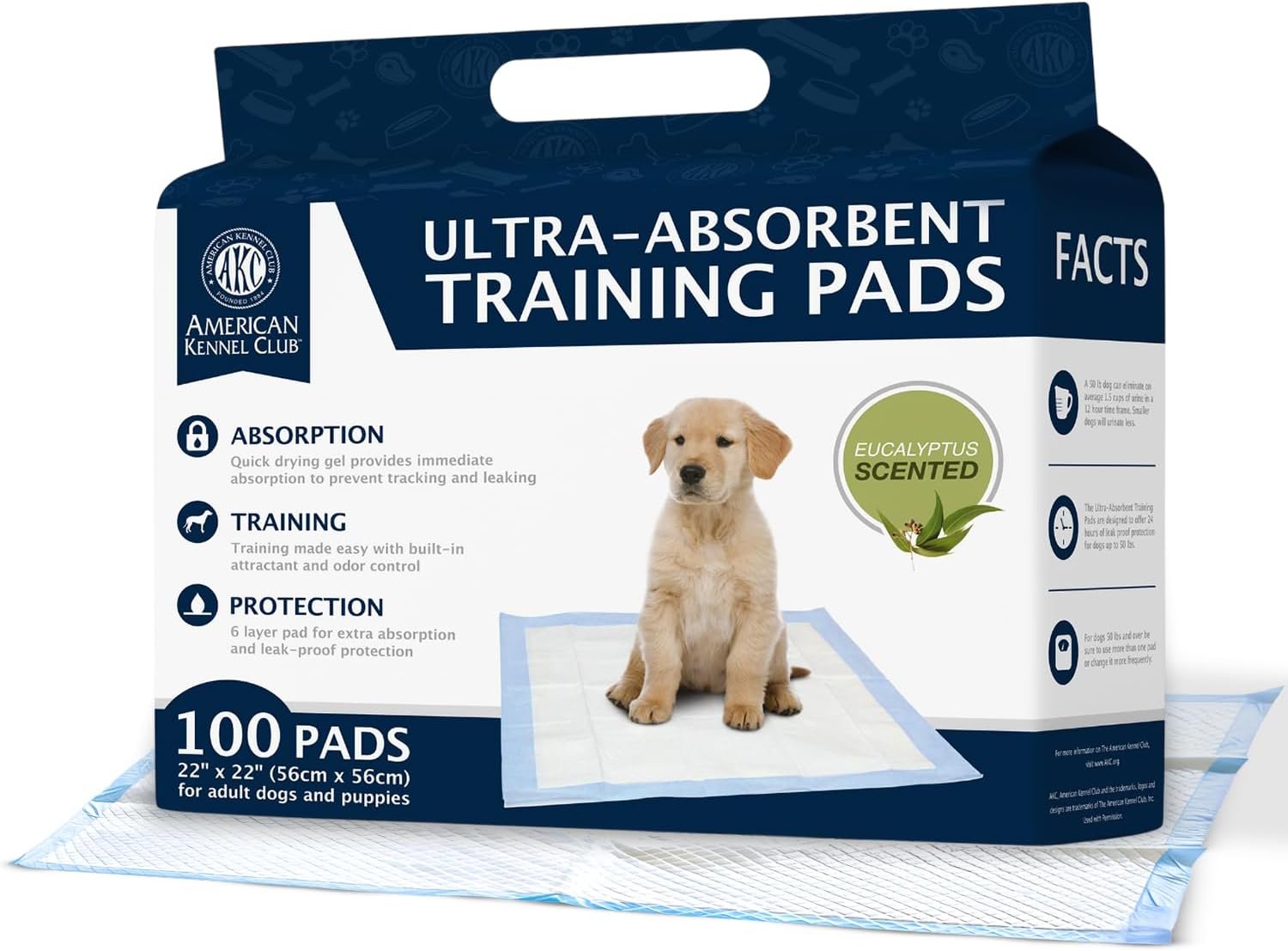 AMERICAN KENNEL CLUB AKC62975 6-Layer Leak-proof Puppy Training Pads – 22×22 Inches, Green, Synthetic, Disposable-Pet-Training-Pads, Pack of 100