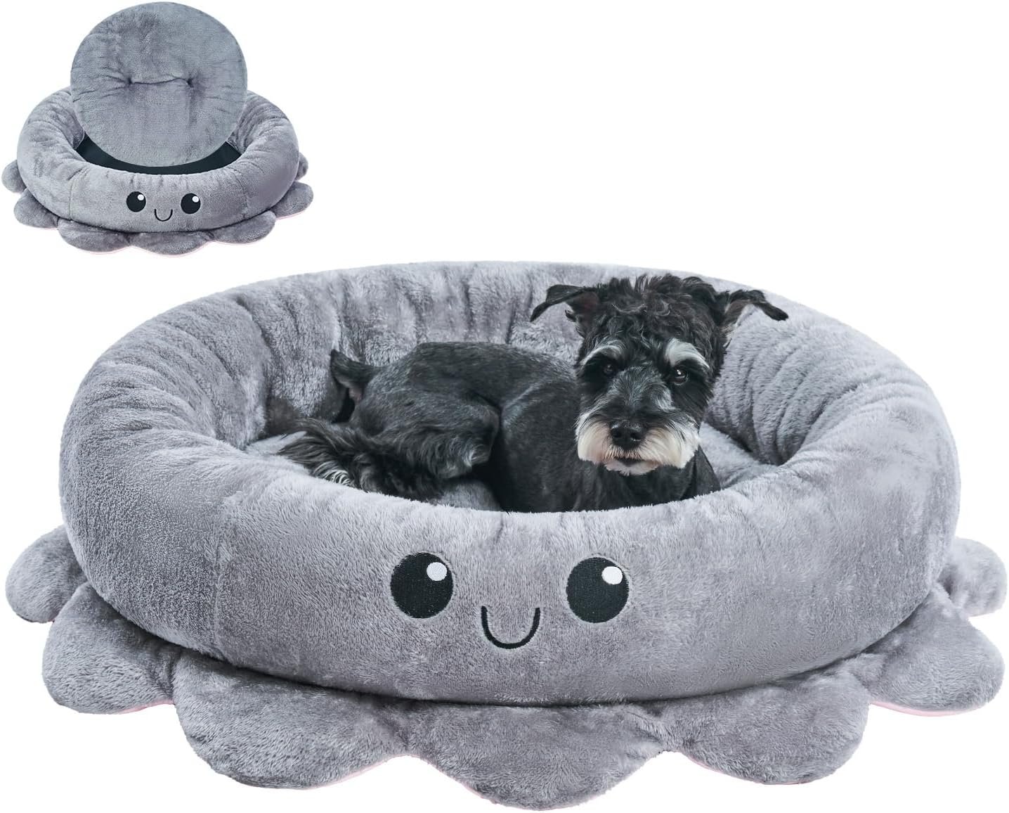 Jiupety Cute Calming Dog Beds Clearance for Large Dogs, Anxiety Bolster Dog Bed with Octopus Shape, Grey, L, Boho, Round Pet Bed Cat with Removable Cushion