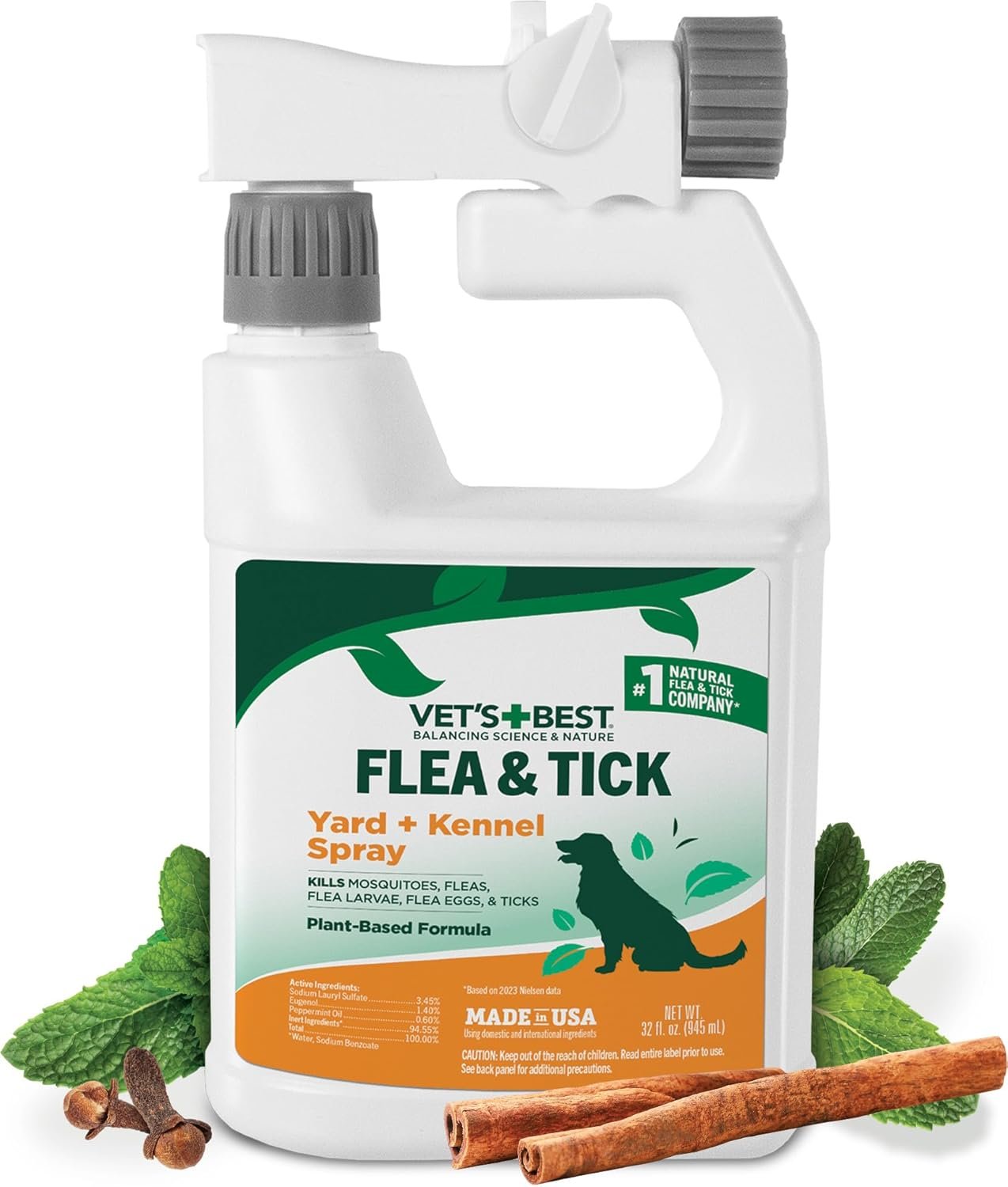 Vet’s Best Flea and Tick Yard and Dog Kennel Spray, Mosquito Repellent with Certified Natural Oils, Plant Safe with Ready-to-Use Hose Attachment, Flea and Tick Prevention for Dogs, 32 oz