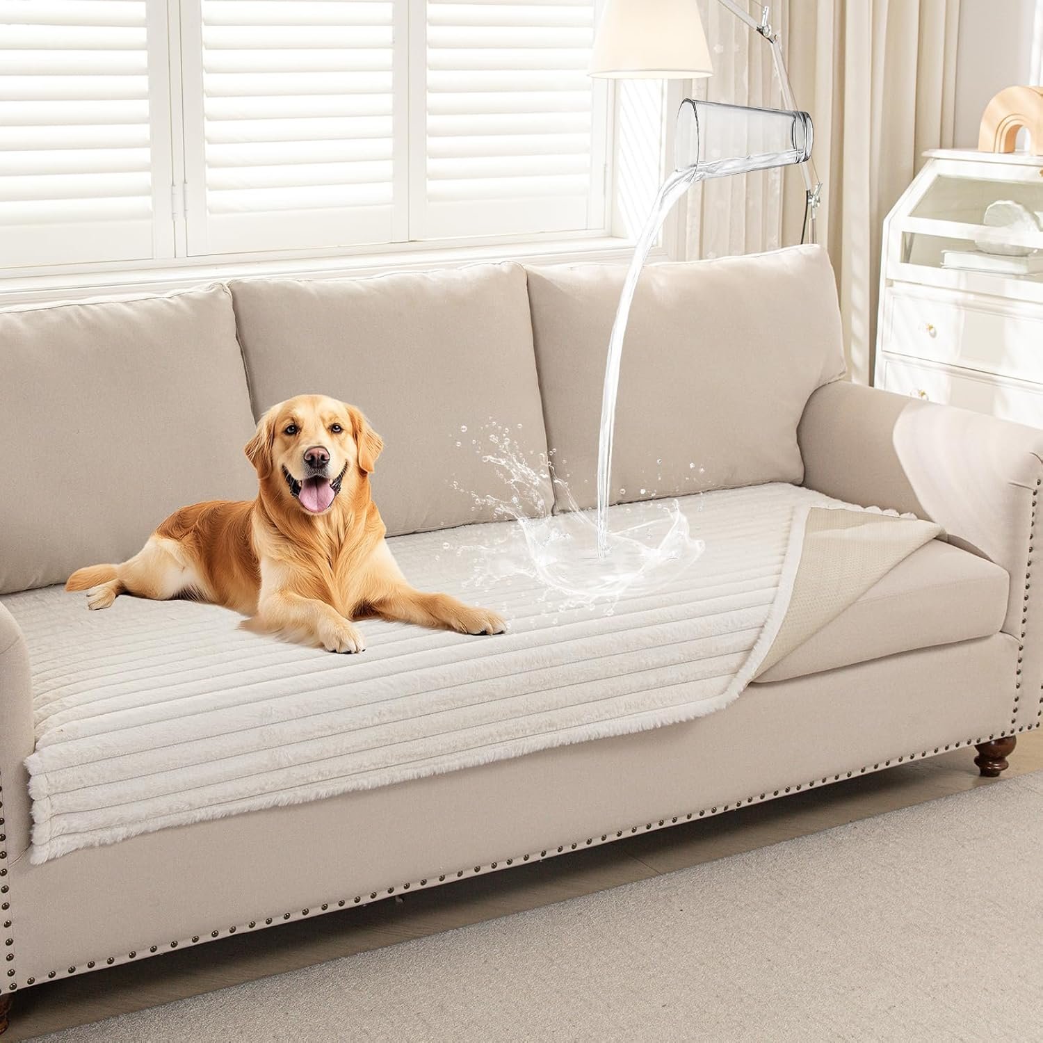 Deep Dream Waterproof Couch Cover for Dogs, Non Slip Pet Couch Covers for Sofa, Soft Faux Fur Sofa Cover, Washable Furniture Protector for 3 Cushion Couch (Off White, 35″ x 74″)