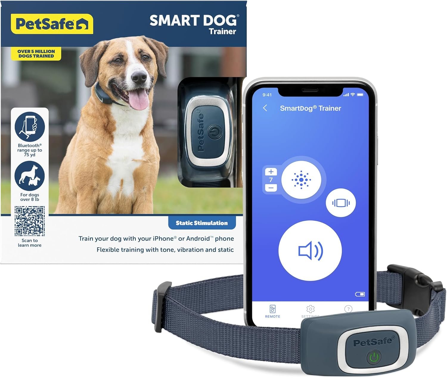 PetSafe SMART Dog Training Collar Uses Smartphone as Handheld Remote Control Tone, Vibration, 1-15 Levels of Static Stimulation Bluetooth Wireless System All in One Pet Training Solution