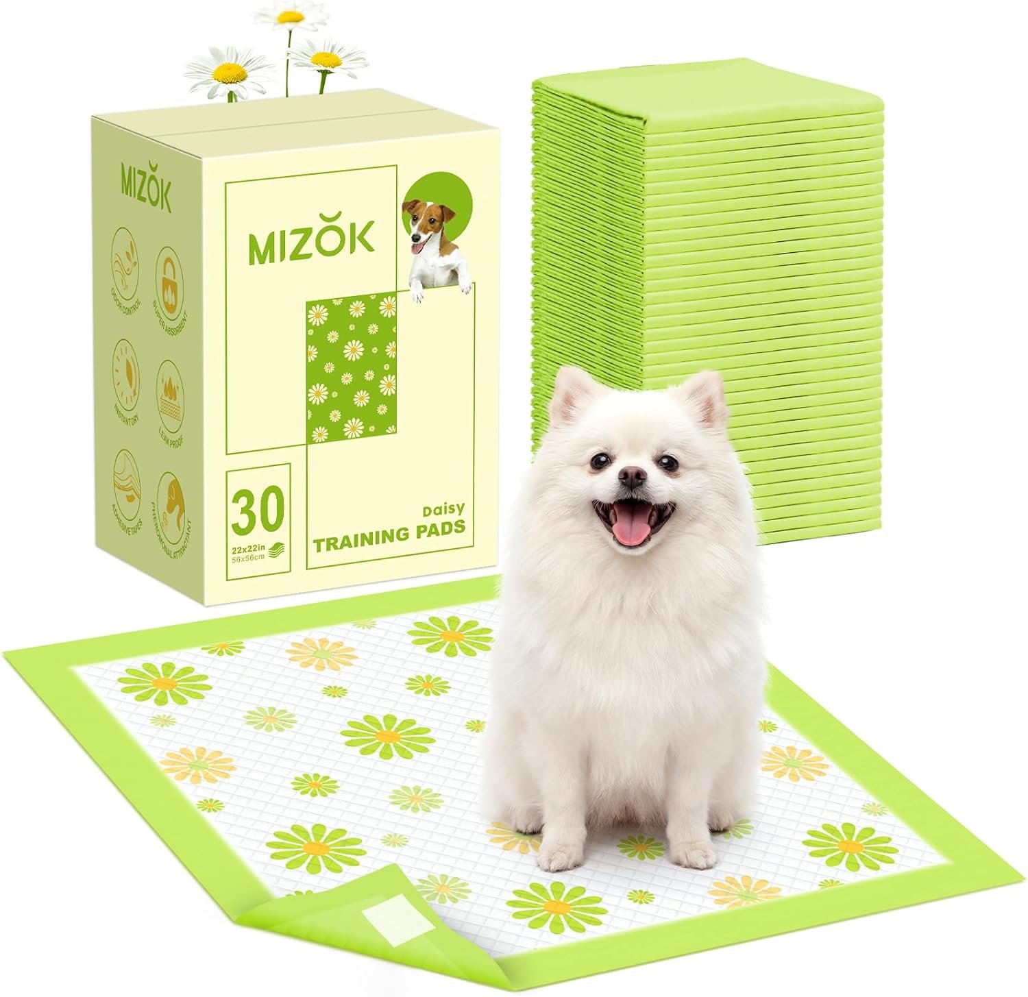 MIZOK Puppy Pads 22″x22″, Dog Pee Pads 6-Layer Super Absorbent & Leak-Proof, Daisy Pattern, 4-Corner Adhesive Tabs, Wee Wee Pads for Puppies & Small Dog Breeds, Regular Size (30 Counts)