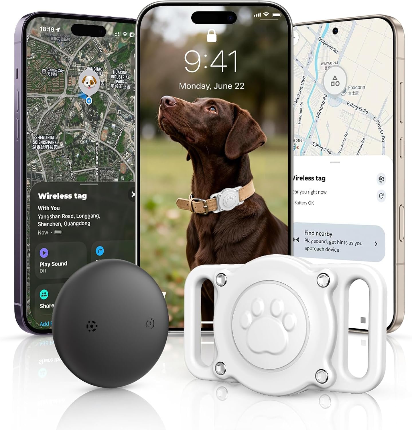 (1 Pack) GPS Dog Tracker Collar (iOS & Android), Bluetooth Dog Tracker GPS, Smart Pet Activity Tracker, No Monthly Fee, Work with Apple Find My & Google Find Hub, Finder Tag for Pets,Items White