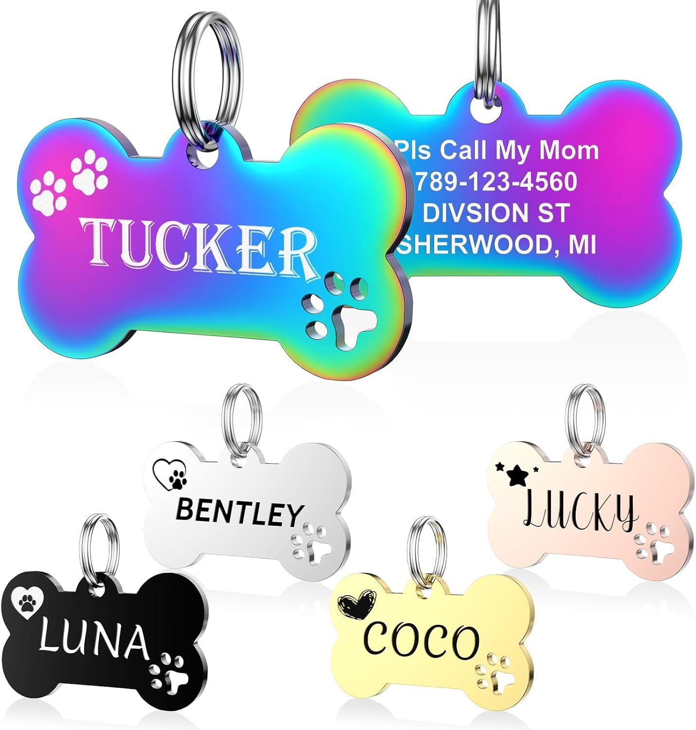 Dog Tags Personalized for Pets – YEHANTI Personalized Dog Tags with Lovely Icons, Durable Stainless Steel Pet ID Tags for Small Large Dogs Cats, Custom Dog Name Tags Engraved on Both Sides (Bone)