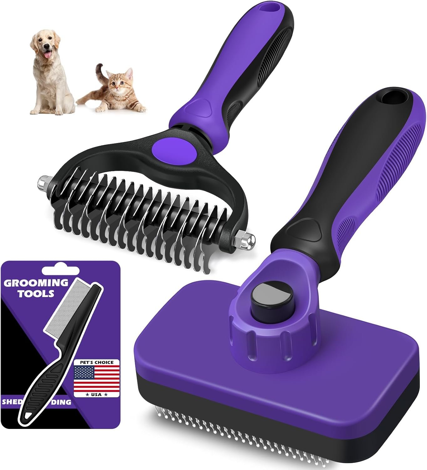 3PCS Self Cleaning Slicker Brush & Pet Grooming Rake & Flea Comb for Dogs,Cats and Horses | Double-Sided Dematting Comb & Skin Friendly Deshedding Grooming Tool | Premium Pet Supplies (Purple)