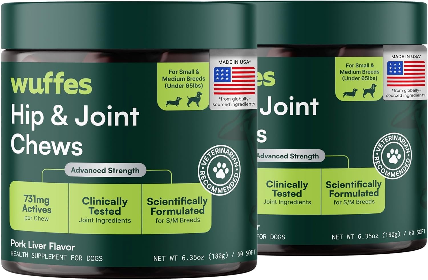 Wuffes Advanced Dog Hip and Joint Supplement with Glucosamine, Chondroitin, Omega 3, MSM, and Green Lipped Mussel, 120 Pork Flavored Chews for Small Dog Breeds