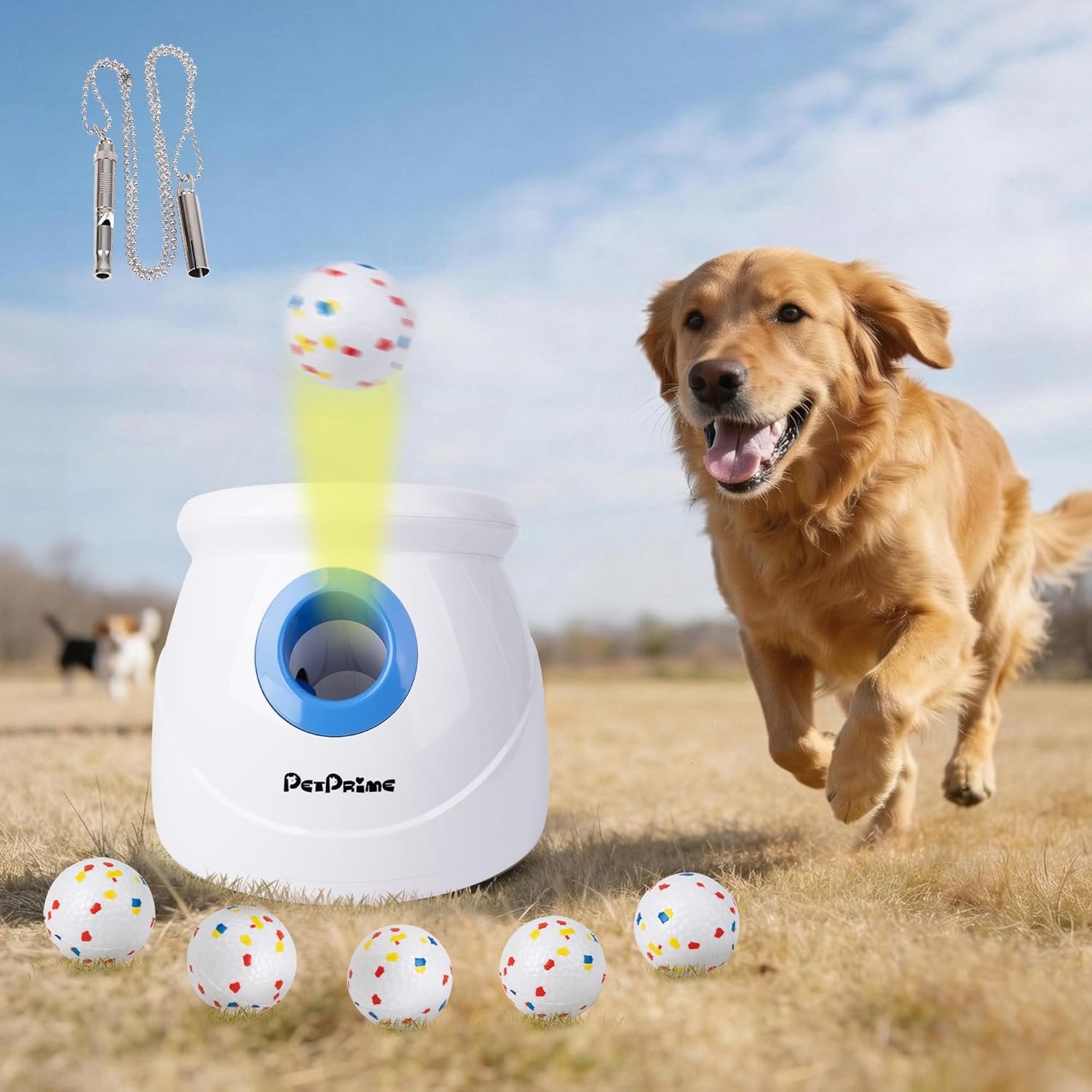 Pet Prime Upgraded Automatic Dog Ball Launcher for Large Dogs,Interactive Rechargeable Dog Ball Thrower Launcher Toy,Adjustable 10-64ft,6PCS 2.5″ ETPU Balls & 1 Whistle Included,Outdoor Use