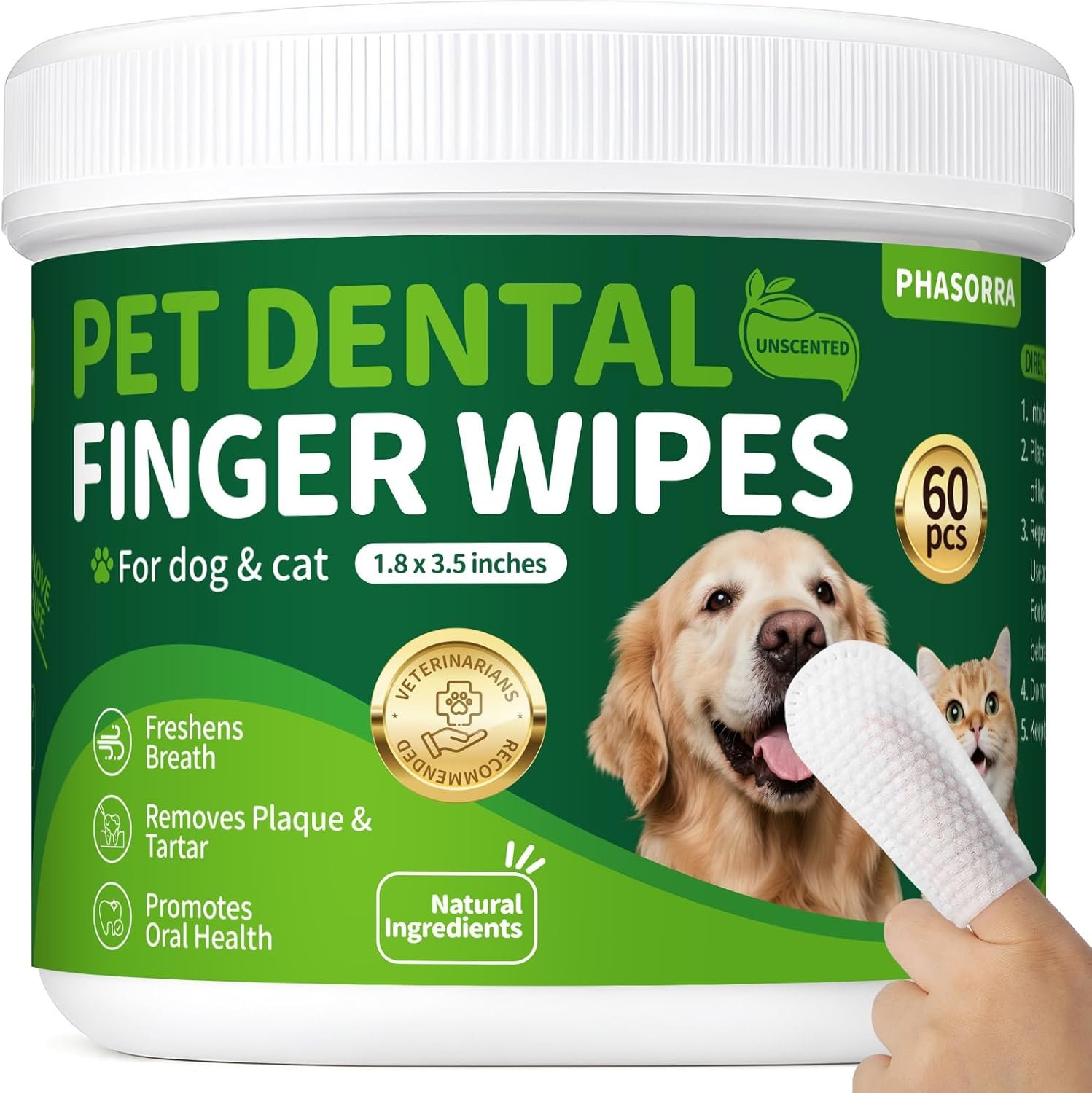 Dog & Cat Tooth Brushing kit – 60Ct Dog Toothbrush & Toothpaste Alternatives, Dental Care Wipes, Heavy Duty Teeth Cleaning, Remove Tartar & Plaque, Breath Freshener