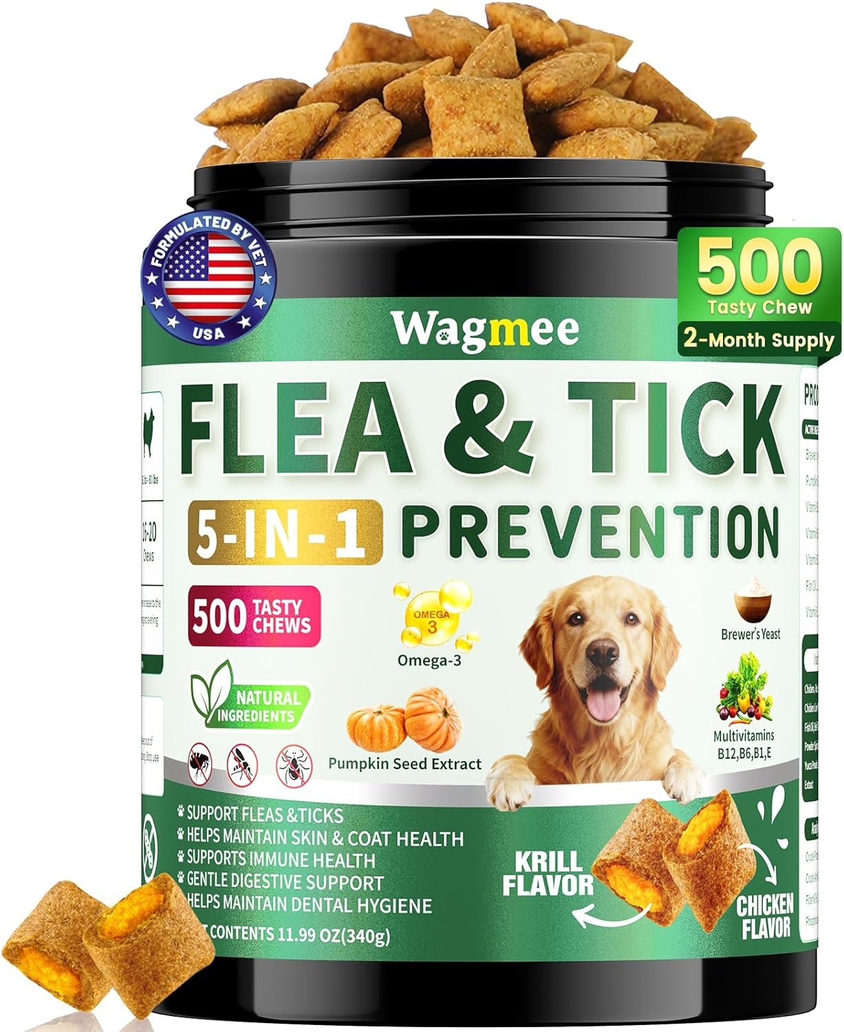 Flea and Tick Prevention for Dogs Chews – 500 Tasty Chicken Flavor Soft Chews, Dog Flea and Tick Treatment, Oral Flea Chews Supplement for Dogs, Puppies, All Breeds & Ages