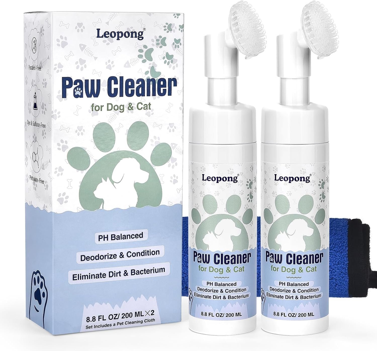 Leopong Dog Paw Cleaner, Waterless Foam for Dogs & Cats, 2 Pack
