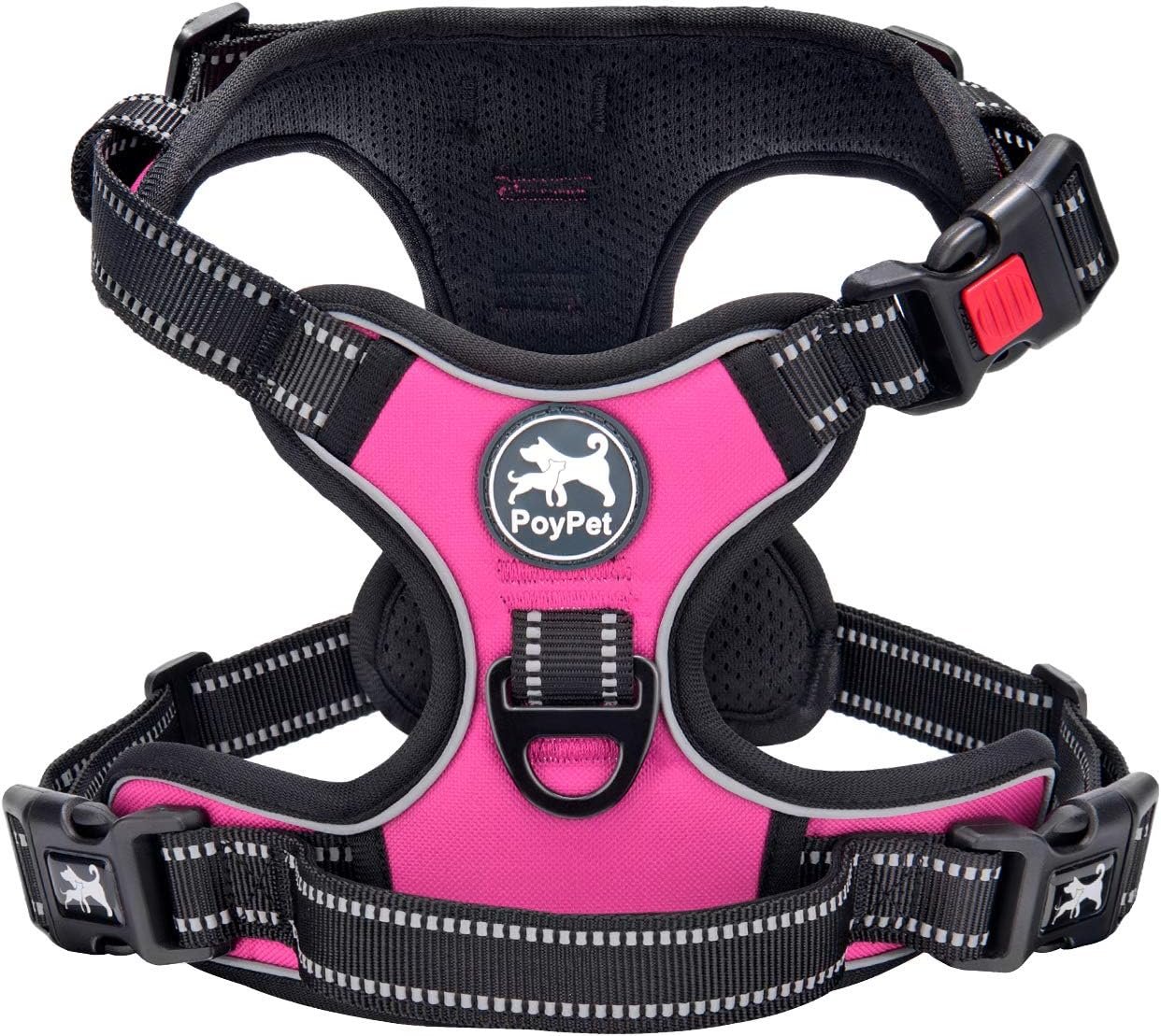 PoyPet No Pull Dog Harness, No Choke Front Lead Dog Reflective Harness, Adjustable Soft Padded Pet Vest with Easy Control Handle for Small to Large Dogs(Pink, Medium)