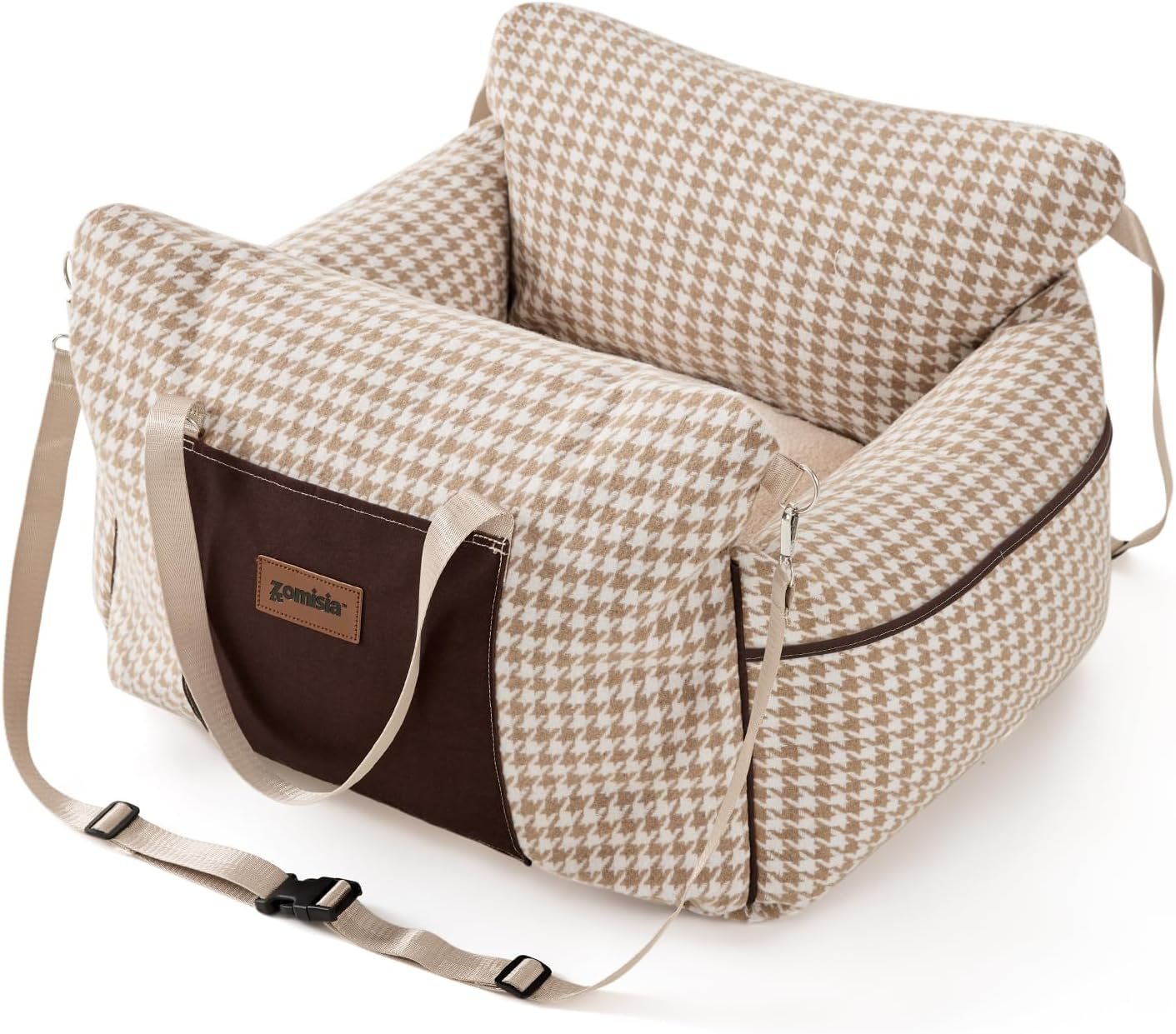 ZOMISIA Dog Car Seat for Small Dogs – Waterproof Pet Booster Seat for Car with Clip-On Safety Leash, Soft Travel Carrier for Puppy up to 25 lbs, Memory Foam Filling & 2 Adjustable Buckles Houndstooth