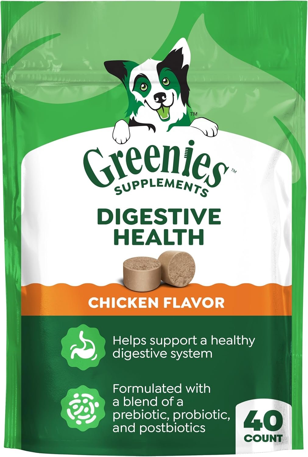 Greenies Supplements Digestive Health Probiotics for Dogs, Dog Probiotic Supplements, Chicken Flavor, 7.8 oz. Pouch of 40 Count