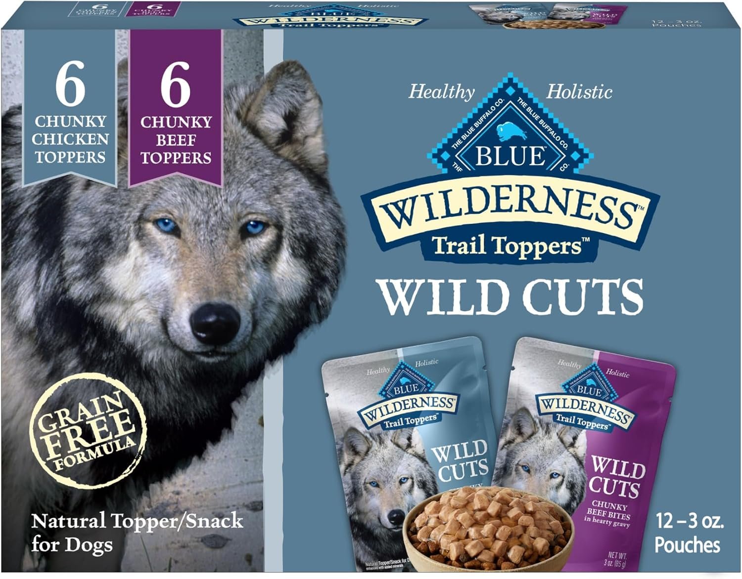 Blue Buffalo Wilderness Trail Toppers Wild Cuts Chicken & Beef Variety Pack, Natural Wet Dog Food Made with Natural Ingredients, Protein-Rich & Grain-Free Recipes, 3-oz. Each (12 Pouches)