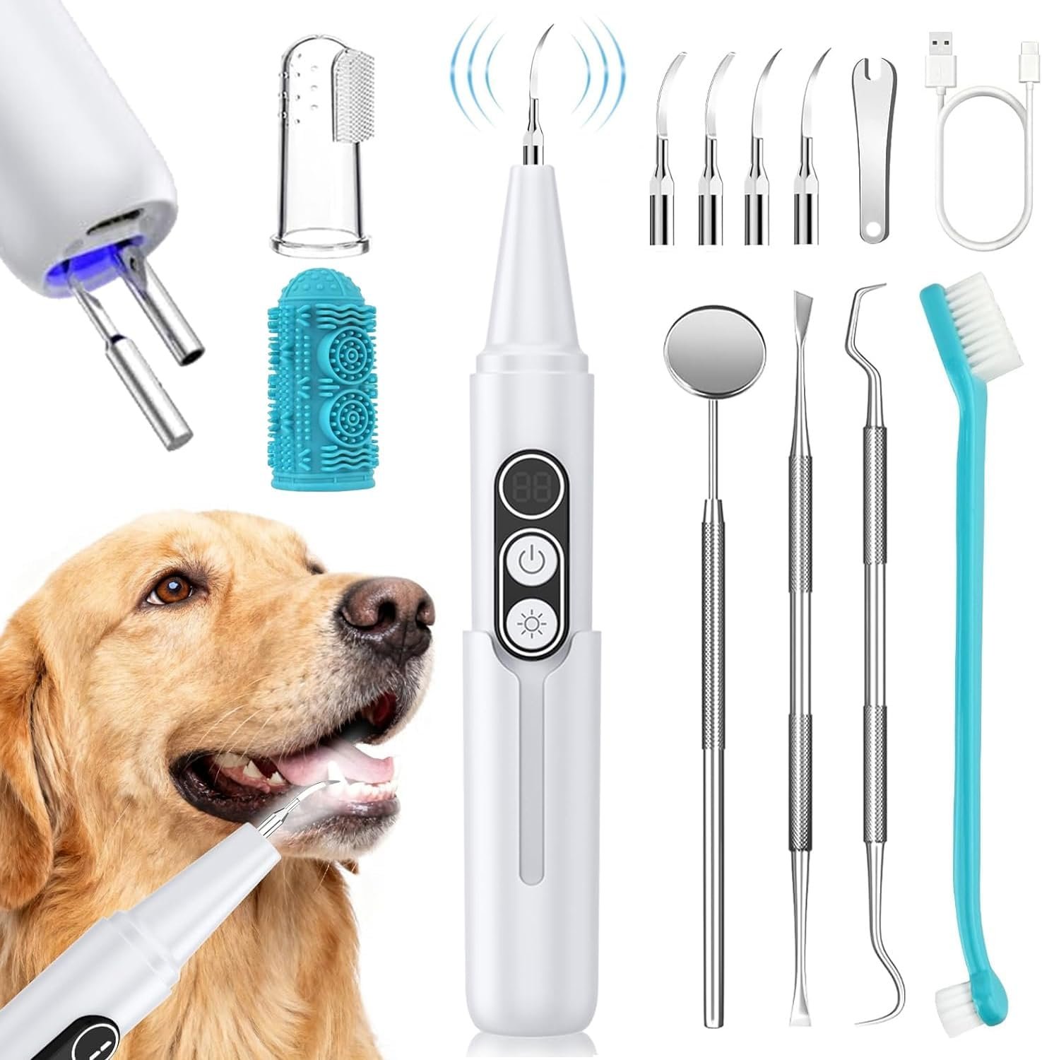Dog Plaque Remover for Teeth, Pet Ultrasonic Cleaner with LED Light & Stand, 5 Modes, Pet Teeth Cleaning kit, Suitable for Dogs and Cats