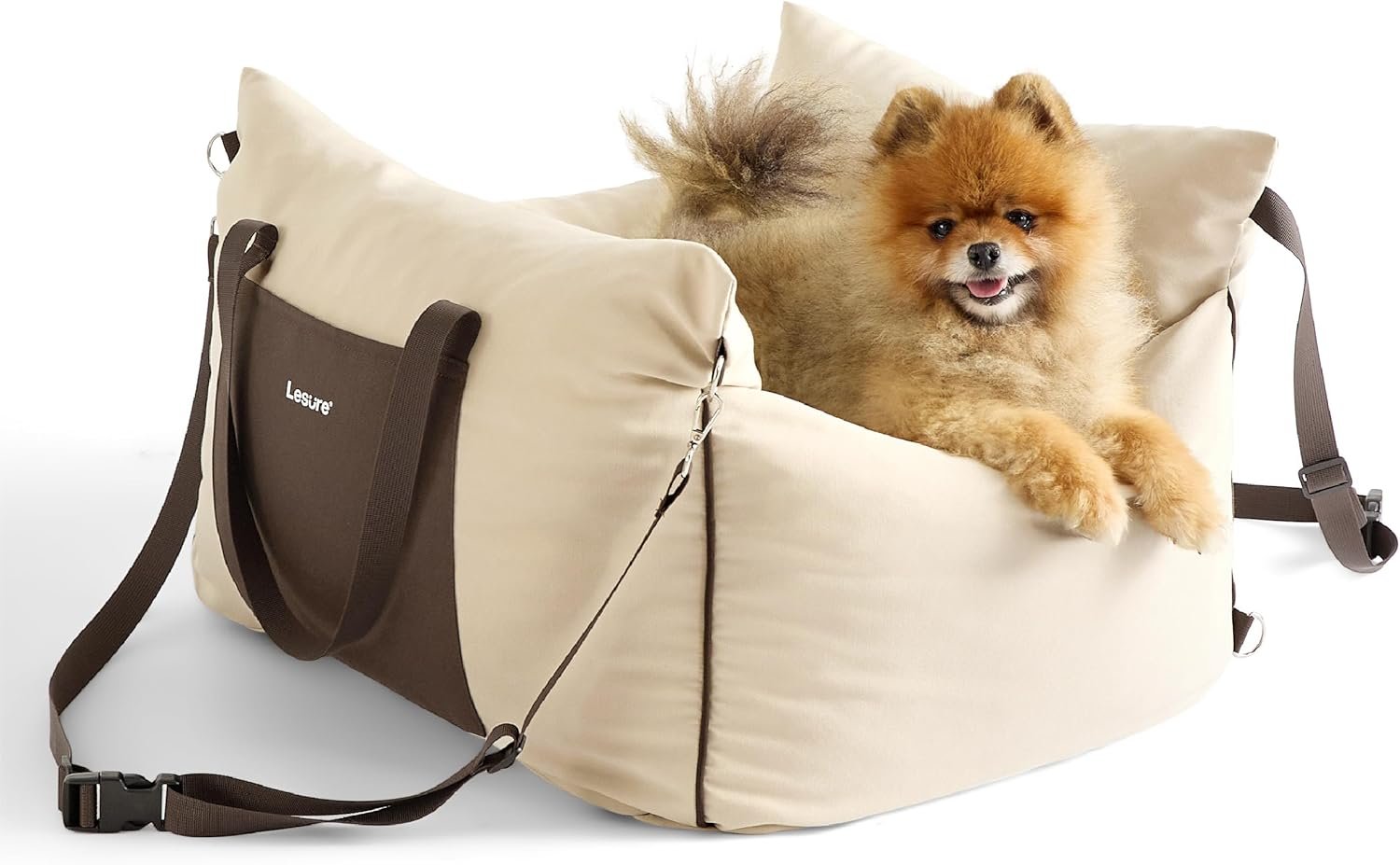 Lesure Small Dog Car Seat for Small Dogs – Dog Booster Seat for Car with Waterproof Bottom, Clip-On Safety Leash and Thickened Memory Foam Filling, Pet Carseat Puppy Travel Carrier Bed, Beige