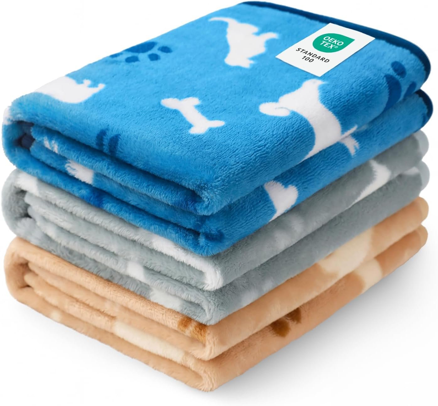 Luciphia 1 Pack 3 Dog Printed Fleece Pet Blankets Washable，Soft Warm Throw Covers for Crate Couch Bed，Cozy Puppy Essentials for Dogs and Cats， Blue/Grey/Khaki, Small (23×16 inch)