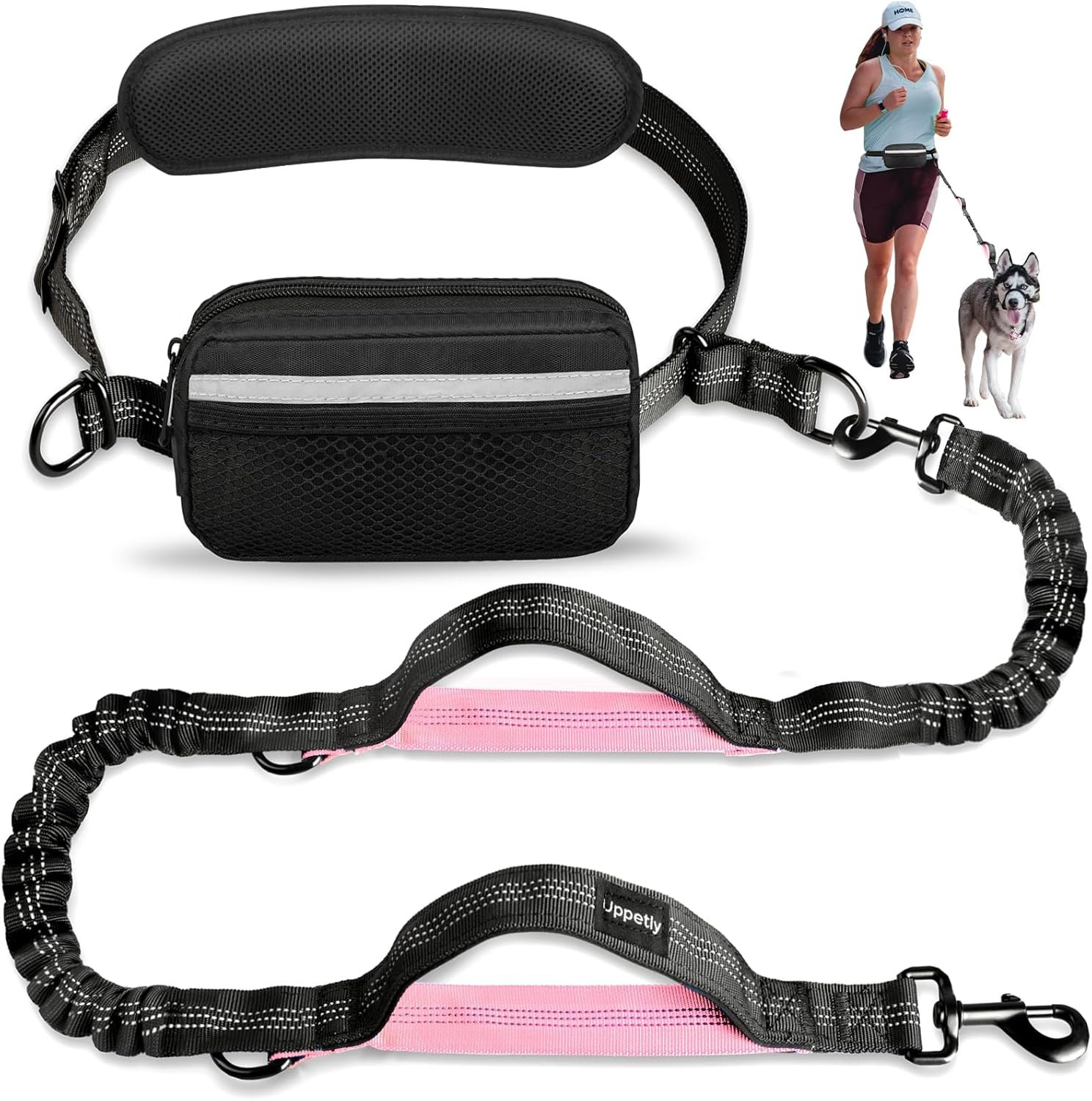 Uppetly Hands Free Dog Running Leash with Waist Belt, Dual Handle Elastic Bungees Retractable Rope for Medium and Large Dogs, Reflective Stitches for Walking Hiking Biking (Large Pink, 25-120lb