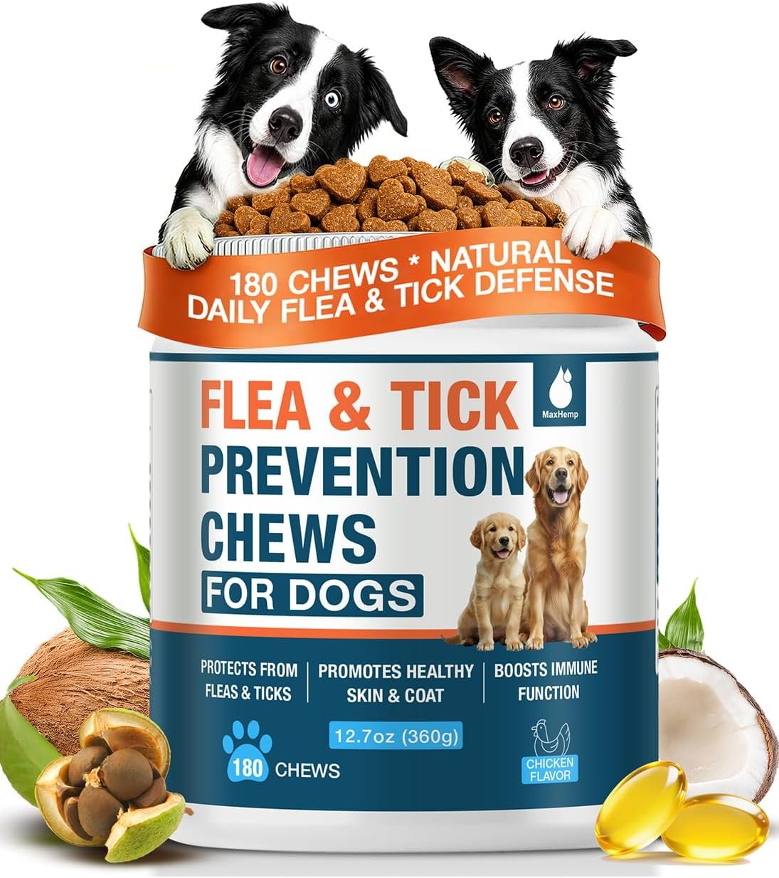 Natural Flea and Tick Prevention for Dogs Chewables, 180 Soft Chews Dog Flea and Tick Treatment, Oral Flea Chews for Dogs, Skin & Coat Support Supplement
