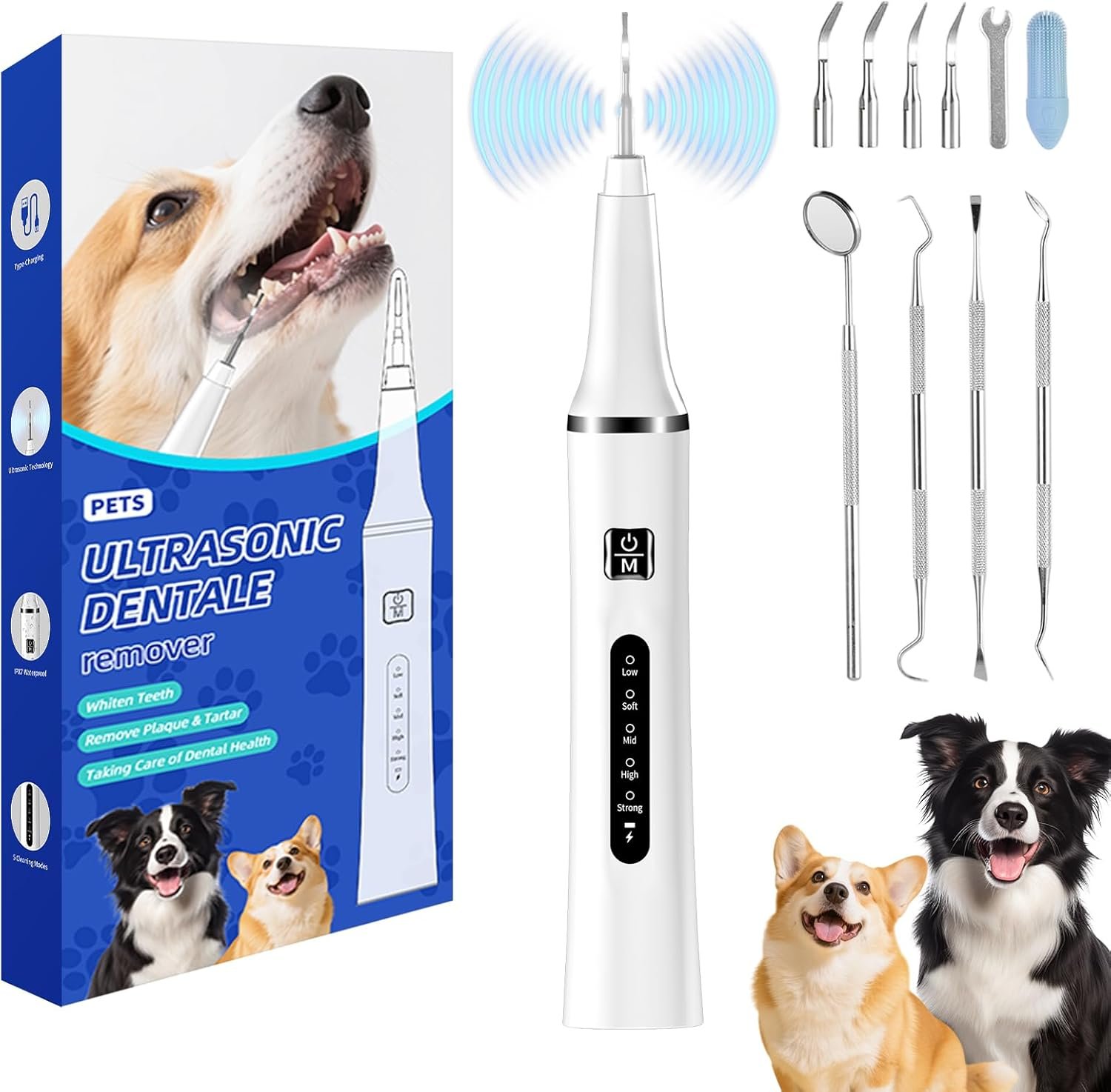 Ultrasonic Pet Plaque and Tartar Remover – Teeth Cleaning Kit with LED Light, 5 Modes, 7 Brush Heads, IPX7 Waterproof for Dogs and Cats