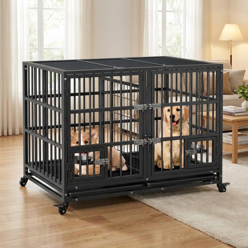 Metal Dog Crate, 48 Inch Heavy Duty Dog Crate with Divider, 2 Feeding Door and Bowls, Dog Kennel Indoor with Wheels, for 2 Small Dogs/1 Large Dog