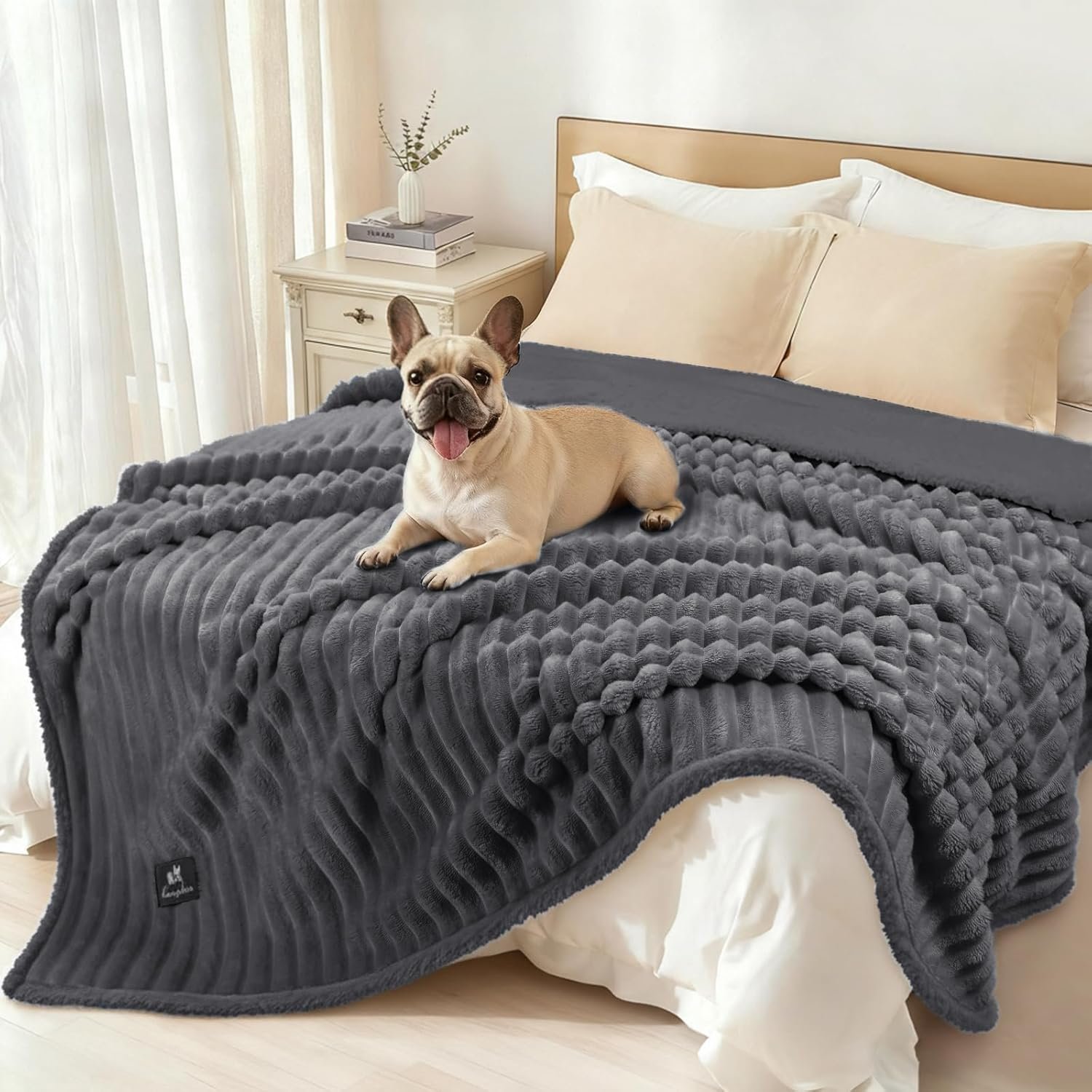 Luciphia Waterproof Dog Blanket for Large Dogs Ultra-Soft Calming Cut Pile Flannel Throw Durable & Warm Furniture Protection for Couch Bed Pet Blanket Machine Washable Stone Gray,L(65”x57”)