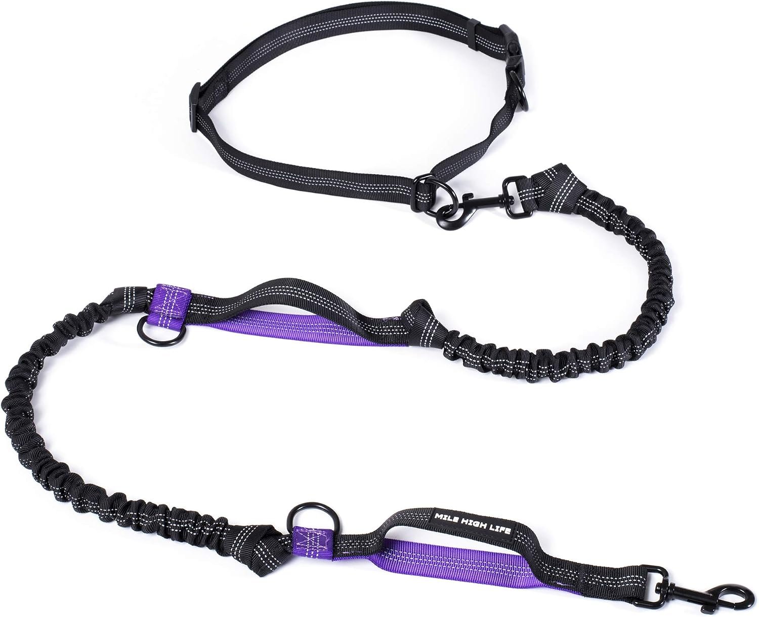 Mile High Life Hands Free Leash, Waist Leash for Dog Running Training and Jogging, Adjustable Belt with Double Padded Handle, Reflective Bungee for Medium Large Dogs (Purple, 7FT)