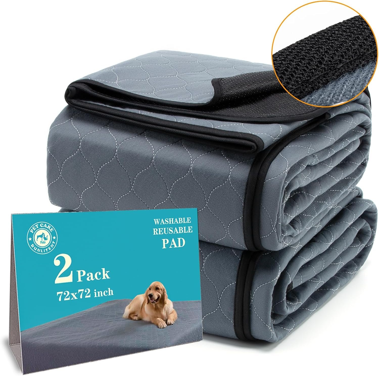 Bunlitent Washable Pee Pads for Dogs 72×72, 2 Pack, Extra Large Reusable Puppy Pads, Dog Training Pads with Quick Dry, Large Anti-Slip Dog Pee Pads, Whelping Pads, Potty Pad