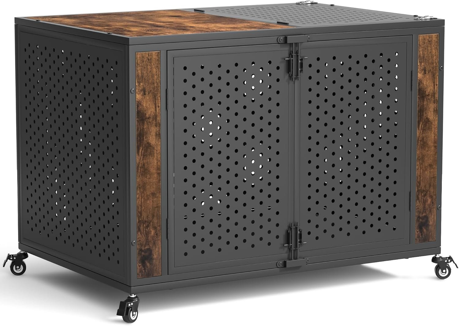 REXWELTEN 42″ Heavy Duty Dog Crate Furniture for Large and Medium Dogs, Enclosed Design with 0.5 inch Holes, Indestructible Metal Kennel for High Anxiety Dogs, Chew Proof Pet House Cage Indoor, Brown