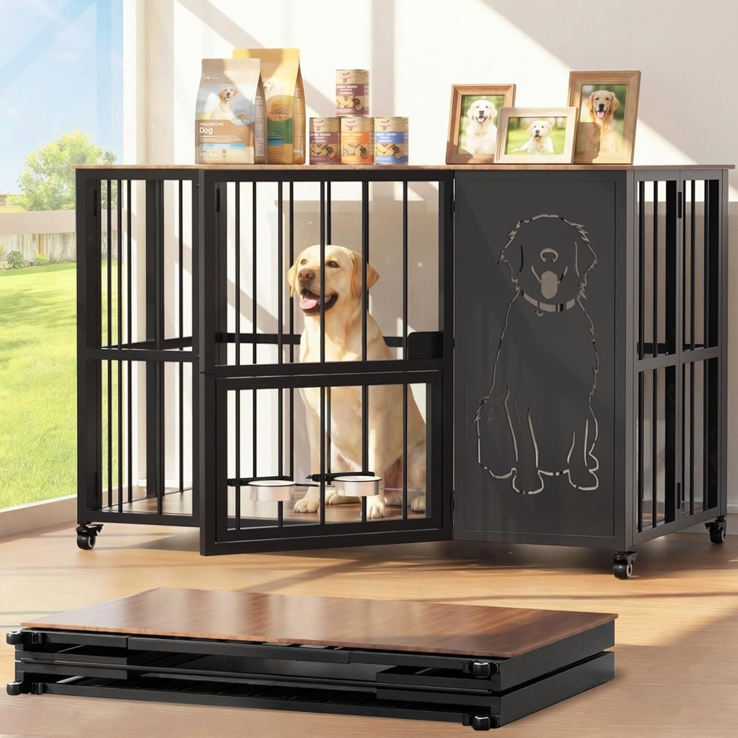 JUNEU 42” Dog Crate Furniture, No Assembly Dog Kennel Indoor, Collapsible Heavy Duty Dog Crate for Medium/Large Dog(35-60 lb), Wooden Corner Dog Crate with Wheels & Adjustable Bowl Holders