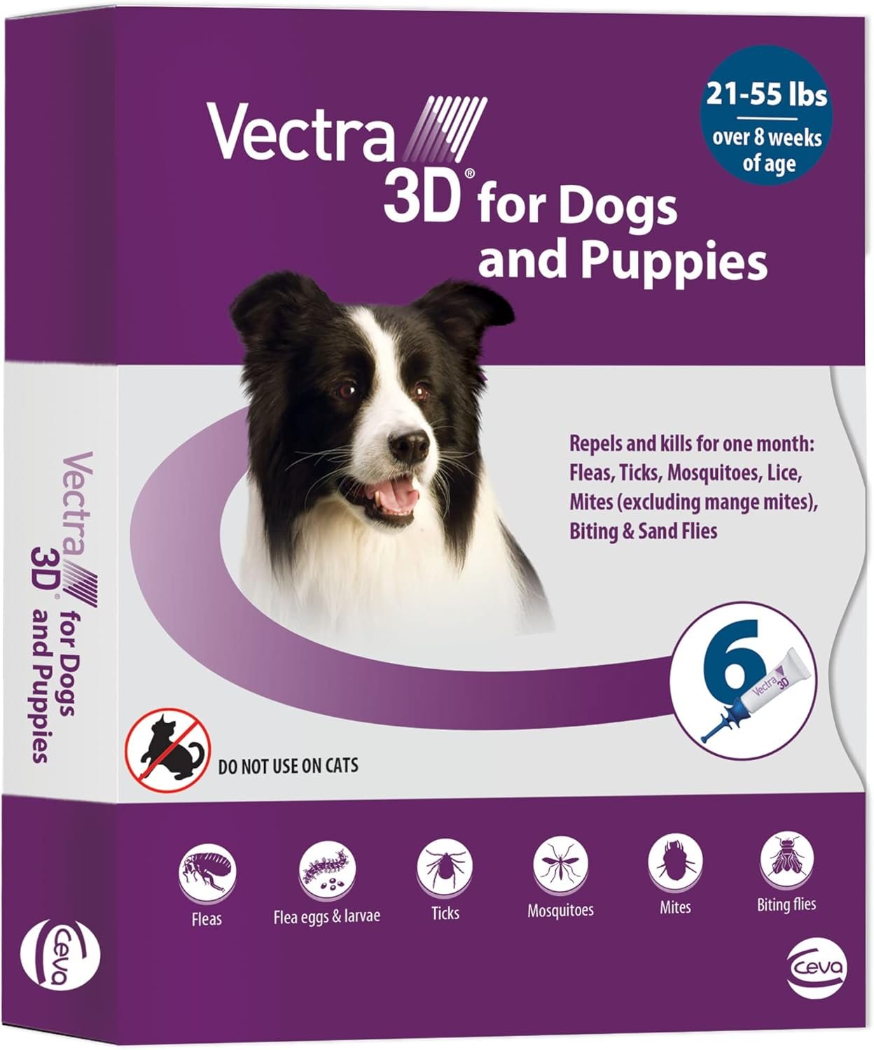 Vectra 3D Flea and Tick Prevention for Dogs, Kills and Repels Fleas, Ticks & Mosquitoes | Fast‑Acting, Waterproof, No Prescription Needed | Medium Dog 21-55 lbs, 6‑Month Supply
