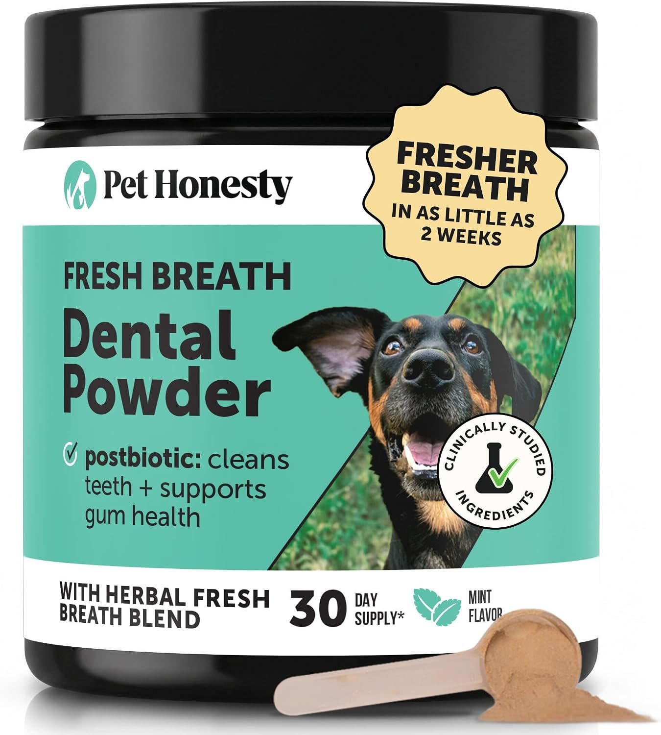 Dog Breath Freshener Dental Powder – Teeth Cleaning Plaque Off + Tartar Remover for Dogs – Care Supplement Food Topper with Kelp, HMP + Postbiotics for Healthy Gums – Mint Flavor (30 Servings)