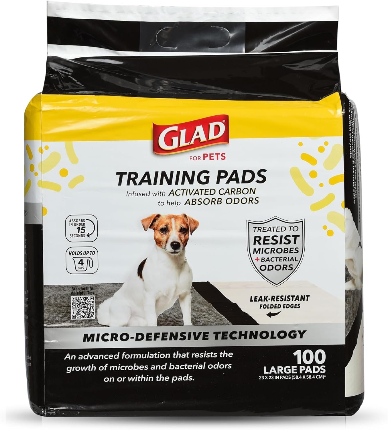 Glad for Pets Activated Carbon Puppy Training Pads with Anti-Microbial Technology, Odor Control Pee Mats for Dogs, 6-Layer Leak-Proof Heavy Duty Indoor Potty Pads, 23 x 23 Inches, 100 Count