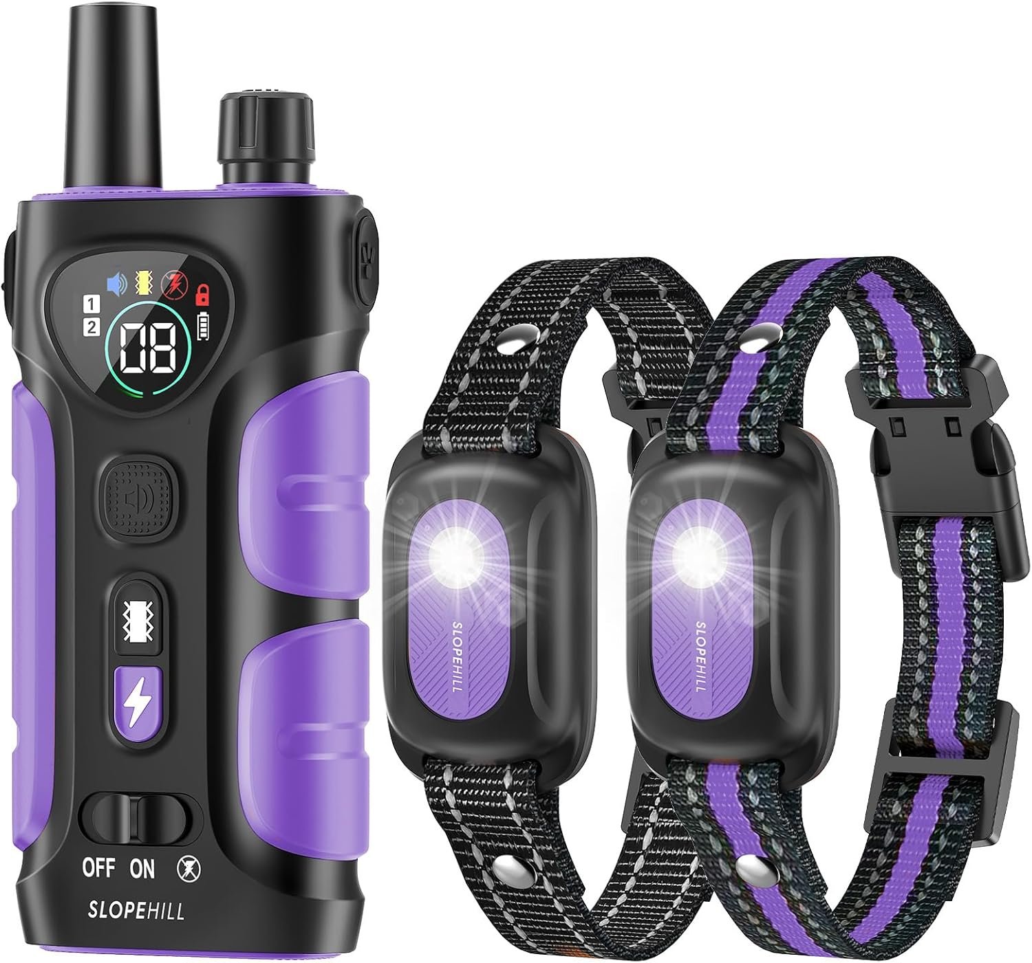 SLOPEHILL Dog Shock Collar – 4200FT Dog Training Collar with Remote,IPX8 Waterproof E-Collar with Beep,Vibration,Shock,Flash Light,No Shock Model,Electric Shock Collar for Dogs 8-140lbs,Purple 2PCS