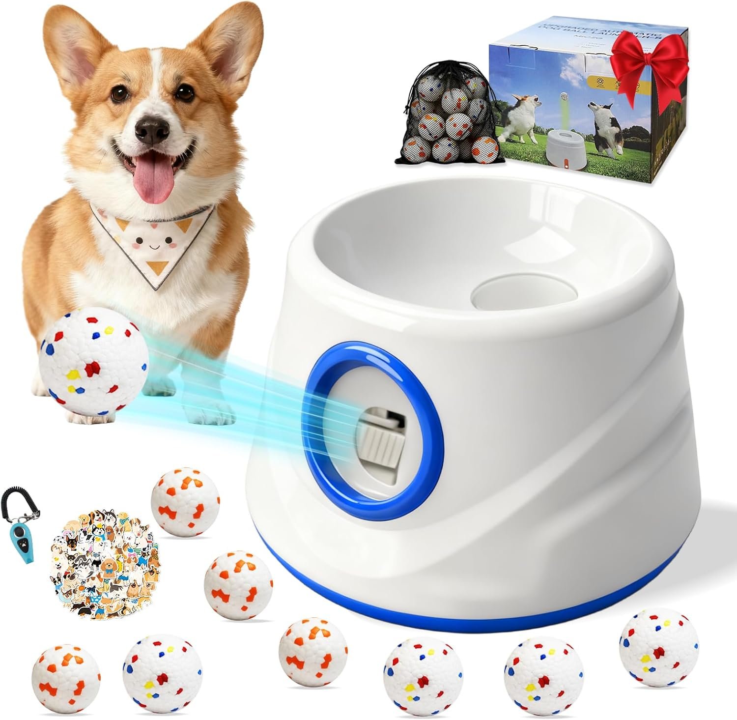 Automatic Ball Launcher for Dogs with 8 Balls – Adjustable Distance up to 50ft,Charger, Whistle & Storage Bag – Interactive Fetch Machine Toy for Indoor Outdoor Play, for Medium Large Breed Dogs