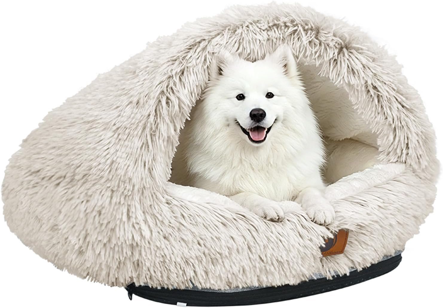 YooxArmor Washable Dog Bed, Windproof Round Hooded Cat Bed Cave for Small Medium Pets, Self Warming Anti-Anxiety House with Fluffy Cover (Brown-M)