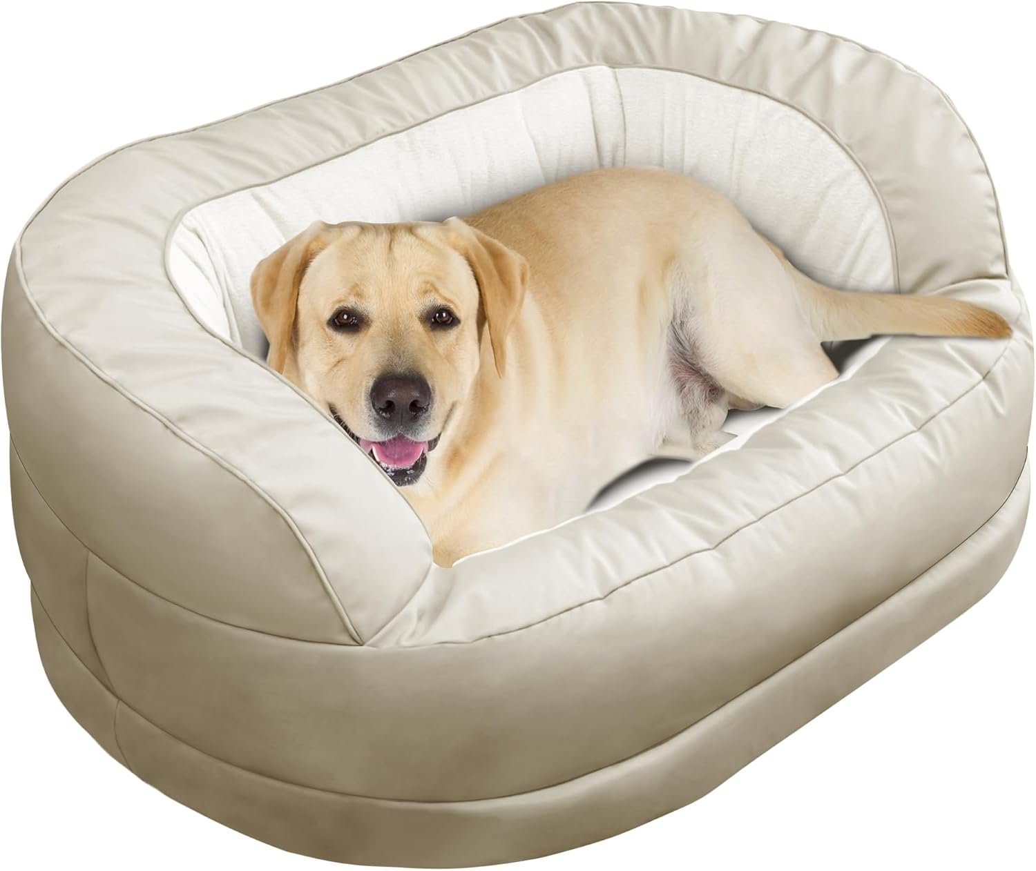 Calming Dog Bed for Large Medium Dogs, XXL 16″ Depth High Sides Cuddler Large Dog Couch Bed Oval Anti Anxiety Dog Bed with Head Support – Supportive Foam and Soft Cotton, Beige